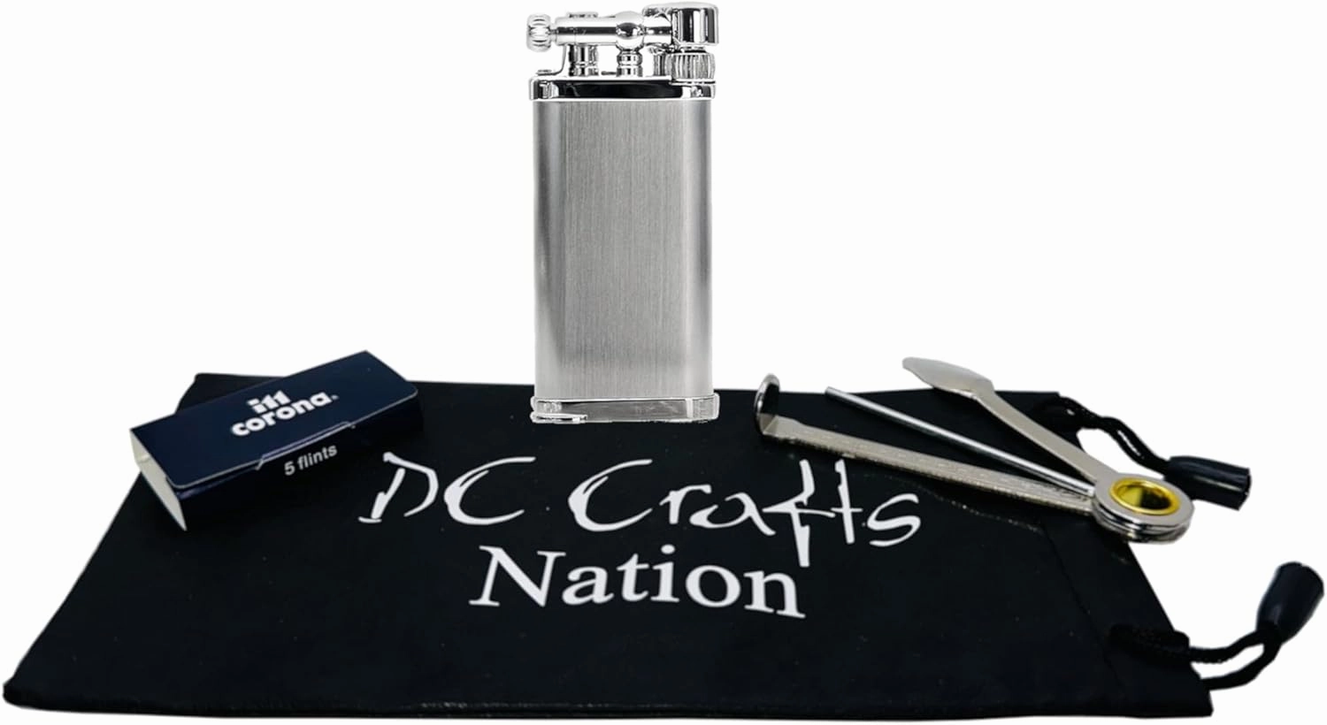 IM Corona Old Boy Pipe Lighter - Includes DC Crafts Pipe Bag, Czech Pipe Tool, & 5 Pack of Flints - (Hairlines Chrome)
