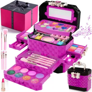 IMAGICTOWN Musical Makeup Kit for Girls Ages 4-8 – 2-in-1 Kids Cosmetic Set with Washable Makeup, Brushes & Rotating Music Box for Birthday, Dress-Up & Pretend Play