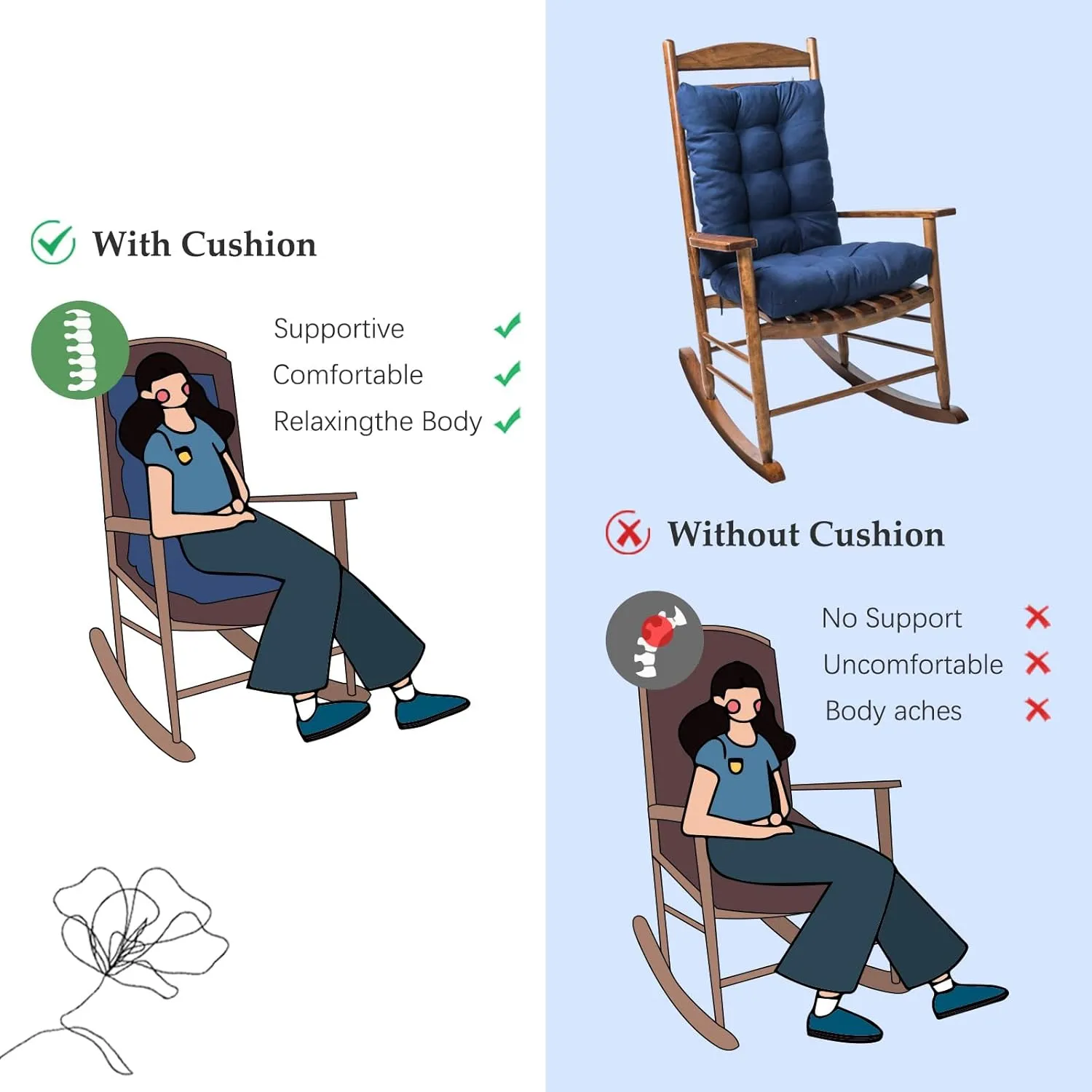 Indoor Outdoor Rocking Chair Cushions Pack of 1, Patio High Back Chair Seat Cushions with Ties for Garden Patio Furniture, Khaki