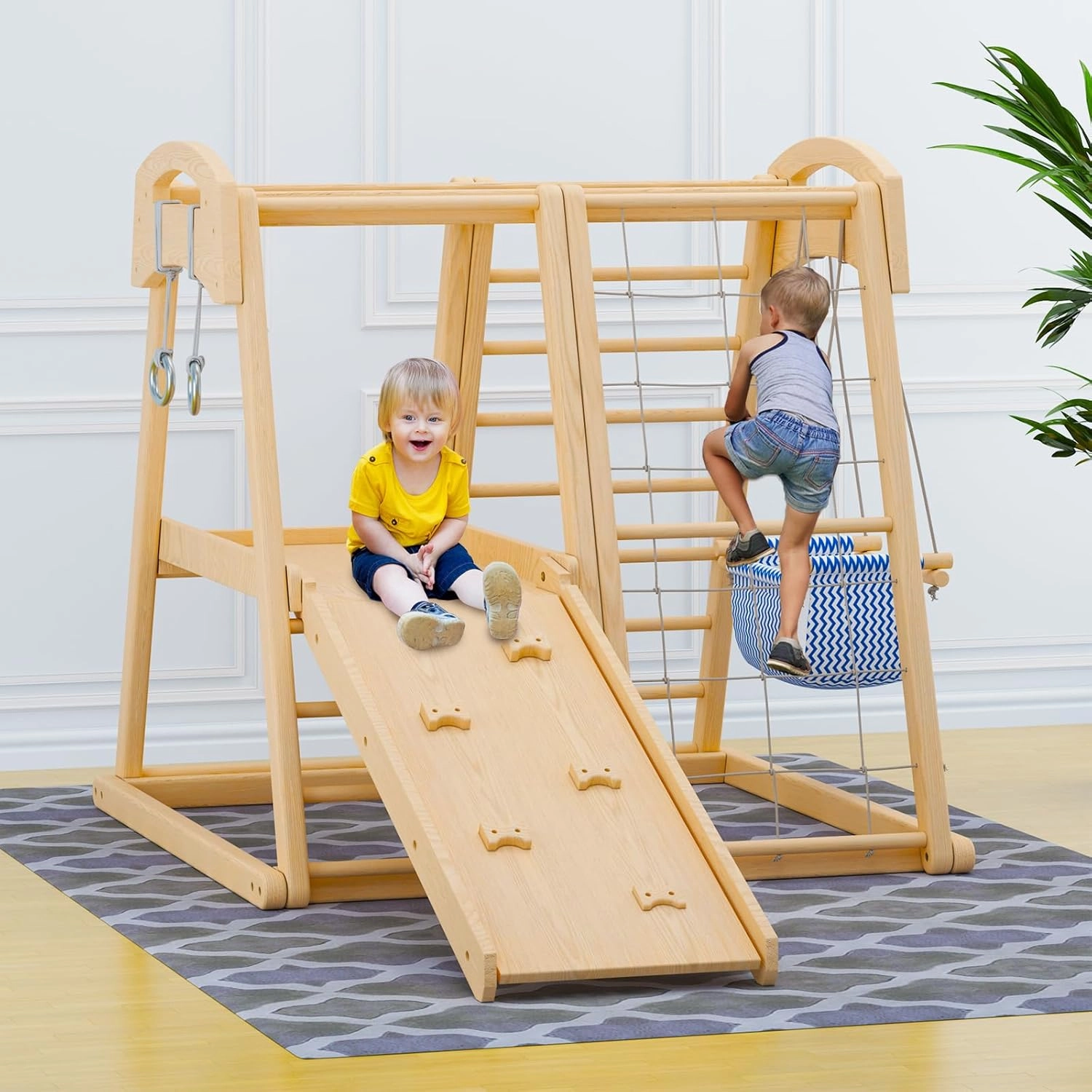 Indoor Jungle Gym, Toddler Climbing Toys Indoor, Indoor Playground Climbing Toys with Monkey Bars, Rope & Wooden Ladder, Waiting Area, Swing, Climbing Rock, Arm Ring, Toddler Swing