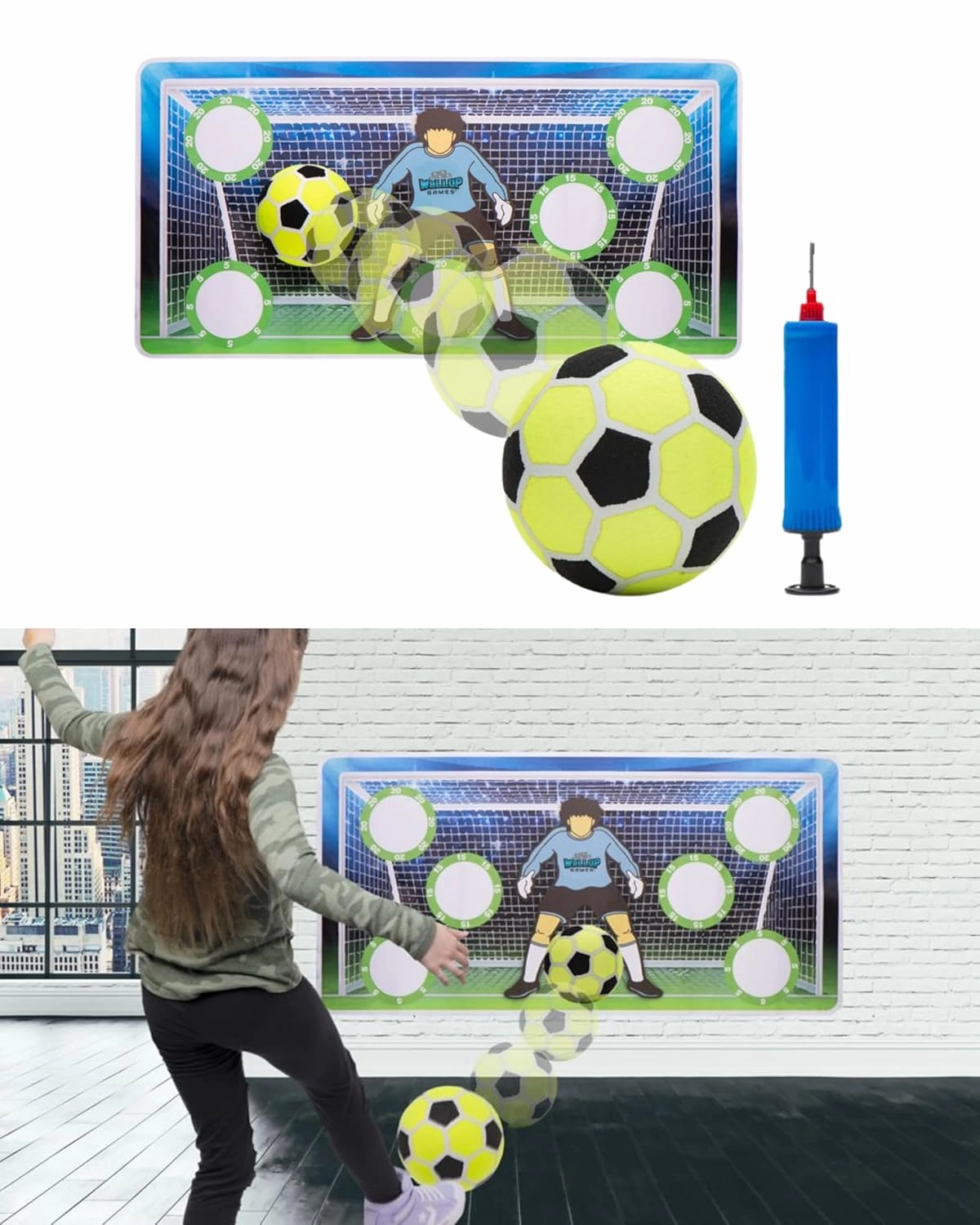 Indoor Soccer Game Set, Kick and Stick Removable 2ft x 4ft, Improve Ball Skills, Soccer Training Vinyl Wall Mat, Includes Soccer Ball, Ball Pump – Indoor Games for Kids 5-12 Year Old – Easy Setup