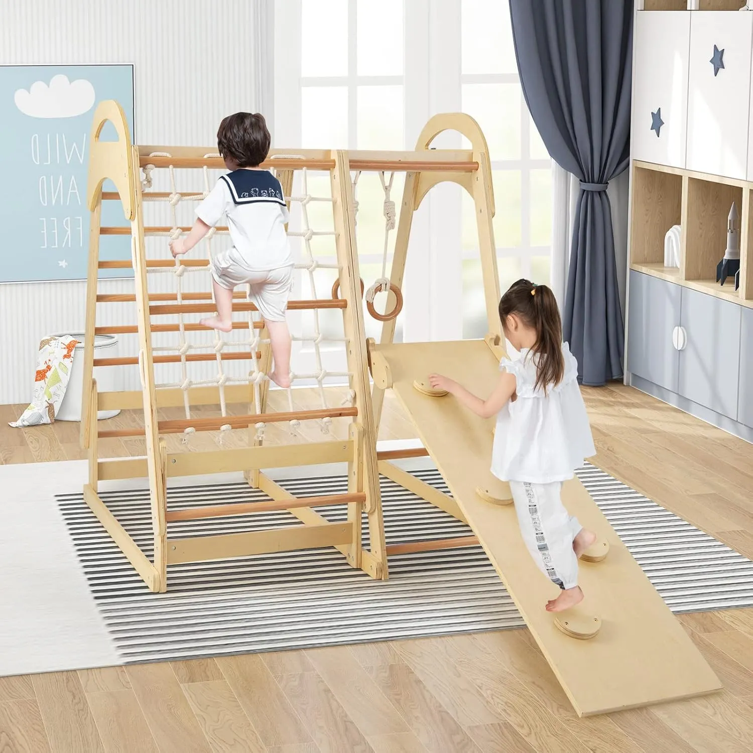 INFANS 7 in 1 Kids Indoor Playground, Wooden Montessori Climber Playset with Tent Slide Climbing Rock Climbing Net, Playground Jungle Gym Structure Climbing Toys for Toddlers Boys Girls
