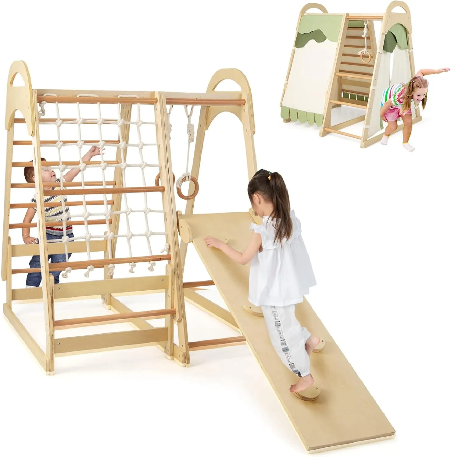 INFANS 7 in 1 Kids Indoor Playground, Wooden Montessori Climber Playset with Tent Slide Climbing Rock Climbing Net, Playground Jungle Gym Structure Climbing Toys for Toddlers Boys Girls