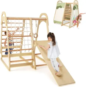 INFANS 7 in 1 Kids Indoor Playground, Wooden Montessori Climber Playset with Tent Slide Climbing Rock Climbing Net, Playground Jungle Gym Structure Climbing Toys for Toddlers Boys Girls