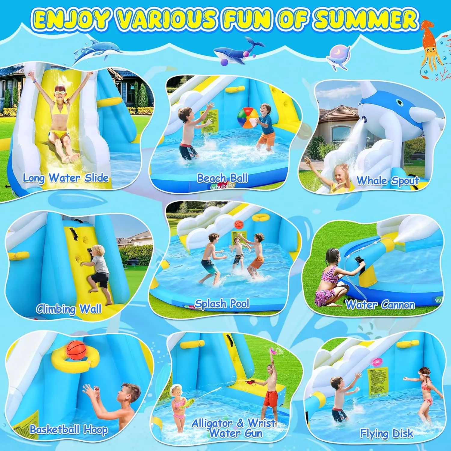 Inflatable Water Slide for Kids Backyard, 12x8.5 FT 12-in-1 Blow Up Waterpark w/Whale Spout Long Slide, Splash Pool, Climbing Wall, Basketball Rim, Water Cannon - 6 Water Toys & Inflatable Balls