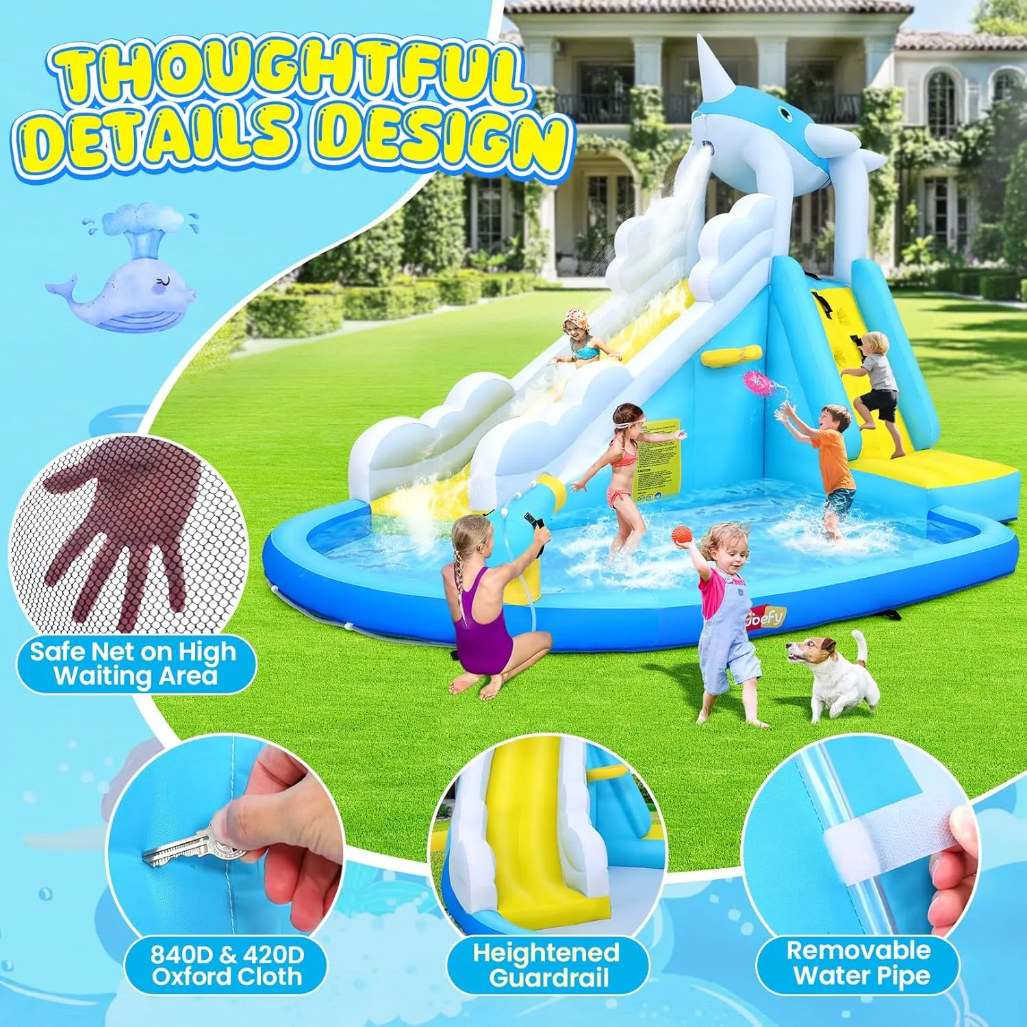 Inflatable Water Slide for Kids Backyard, 12x8.5 FT 12-in-1 Blow Up Waterpark w/Whale Spout Long Slide, Splash Pool, Climbing Wall, Basketball Rim, Water Cannon - 6 Water Toys & Inflatable Balls