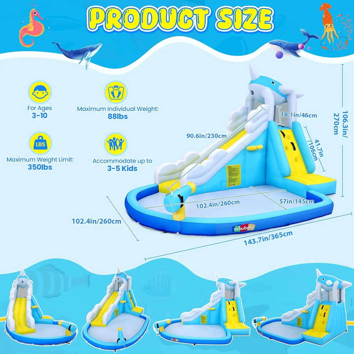 Inflatable Water Slide for Kids Backyard, 12x8.5 FT 12-in-1 Blow Up Waterpark w/Whale Spout Long Slide, Splash Pool, Climbing Wall, Basketball Rim, Water Cannon - 6 Water Toys & Inflatable Balls