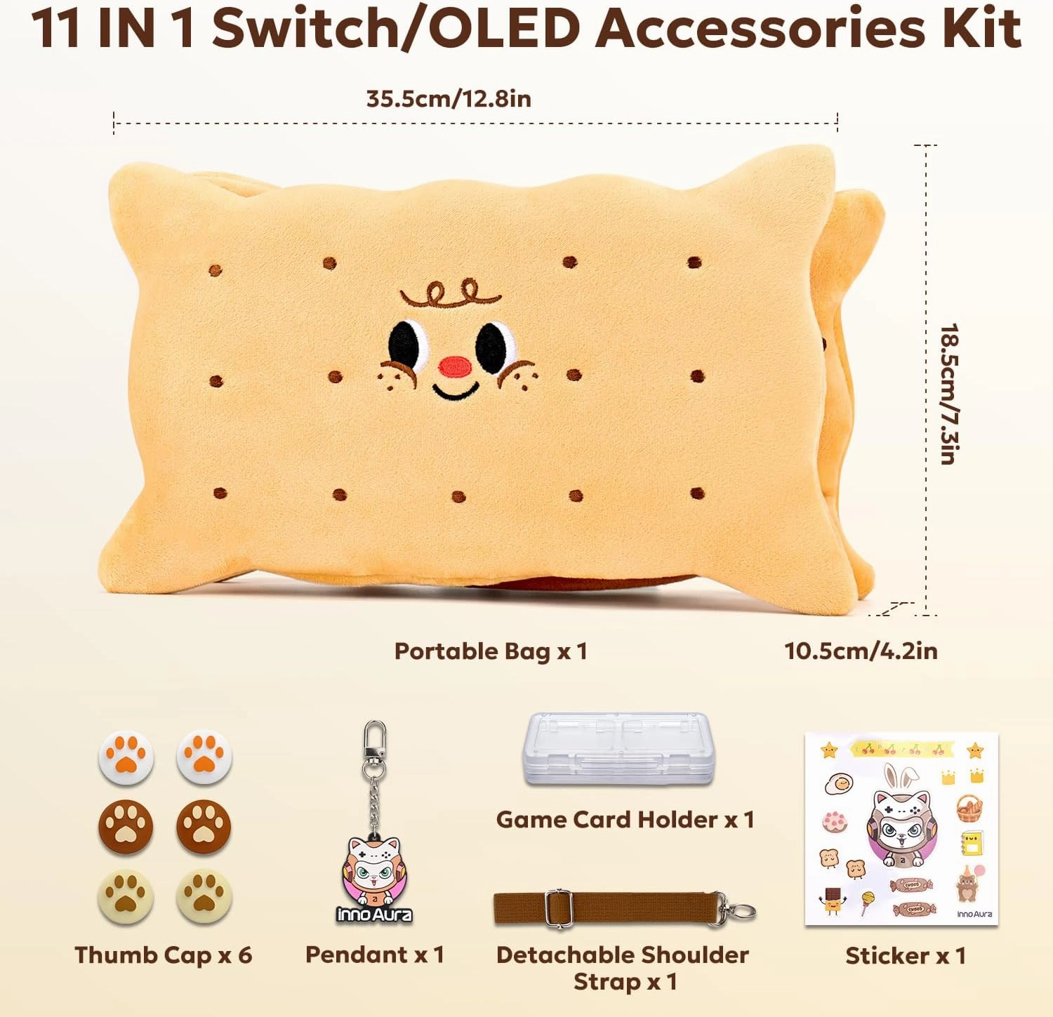 innoAura Switch Case 11-in-1 Bundle with Carrying Case, Game Organizer, Thumb Grips, Detachable Strap & Cute Cookie Pendant (Brown Cookie)