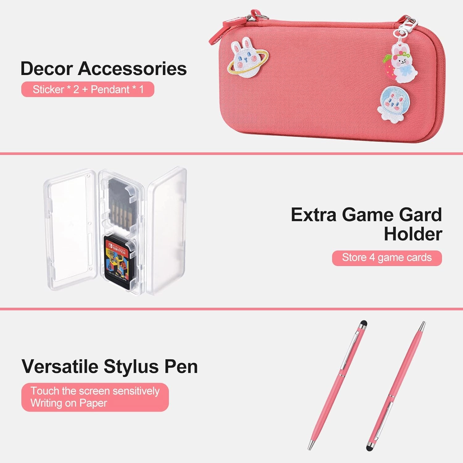 innoAura Switch Lite Case 18-in-1 Accessories Bundle with Protective Carrying Case, Game Holder, Screen Protector & Cute Thumb Grips (Coral)