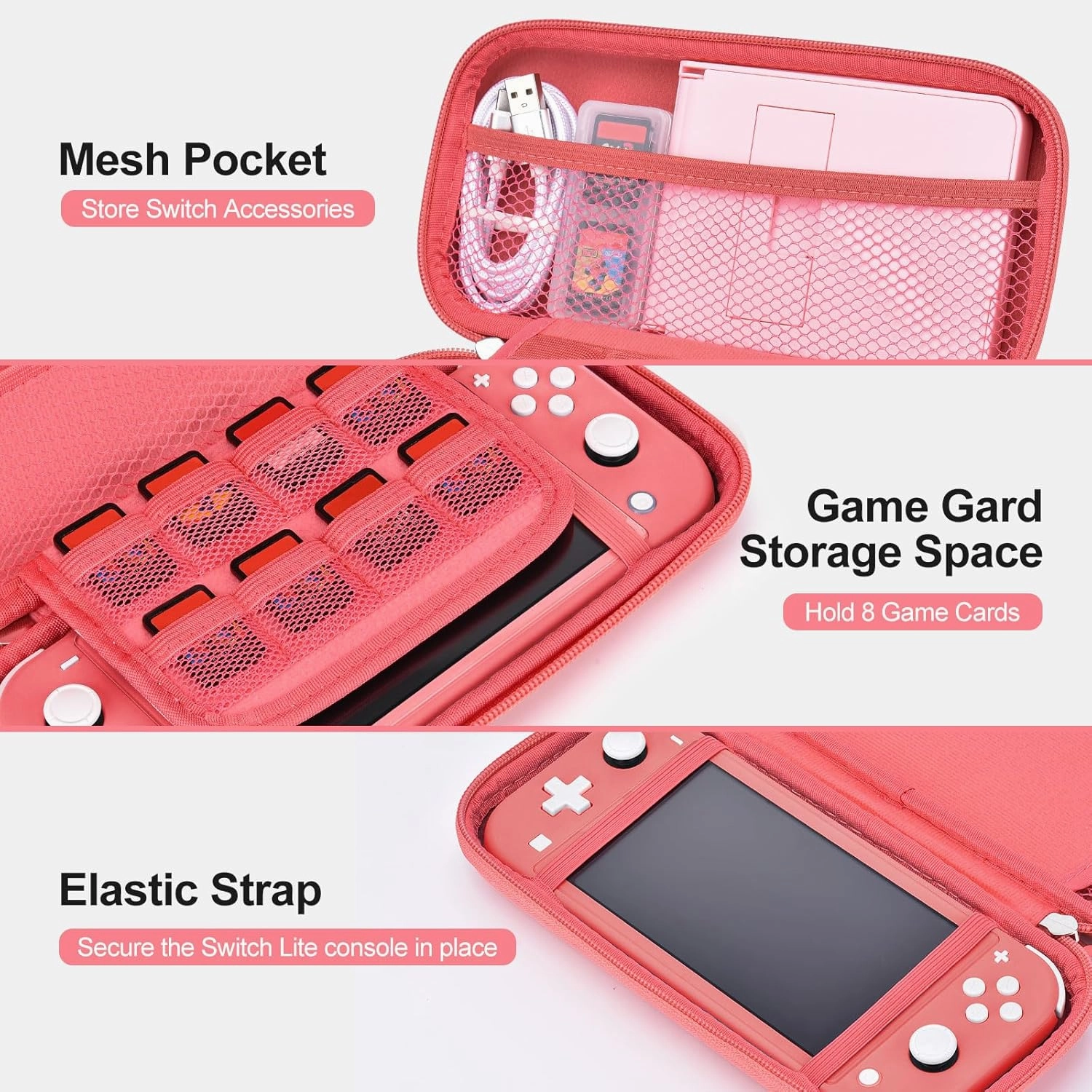 innoAura Switch Lite Case 18-in-1 Accessories Bundle with Protective Carrying Case, Game Holder, Screen Protector & Cute Thumb Grips (Coral)