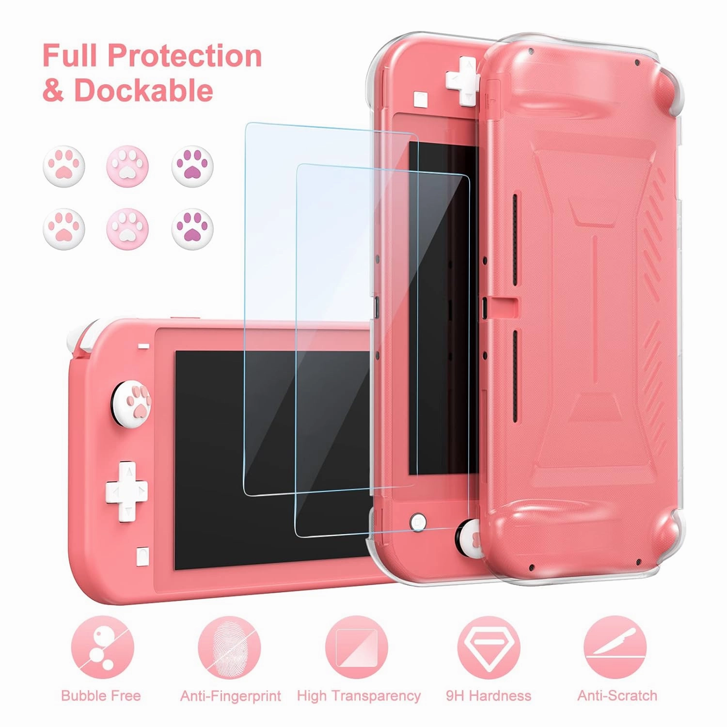 innoAura Switch Lite Case 18-in-1 Accessories Bundle with Protective Carrying Case, Game Holder, Screen Protector & Cute Thumb Grips (Coral)