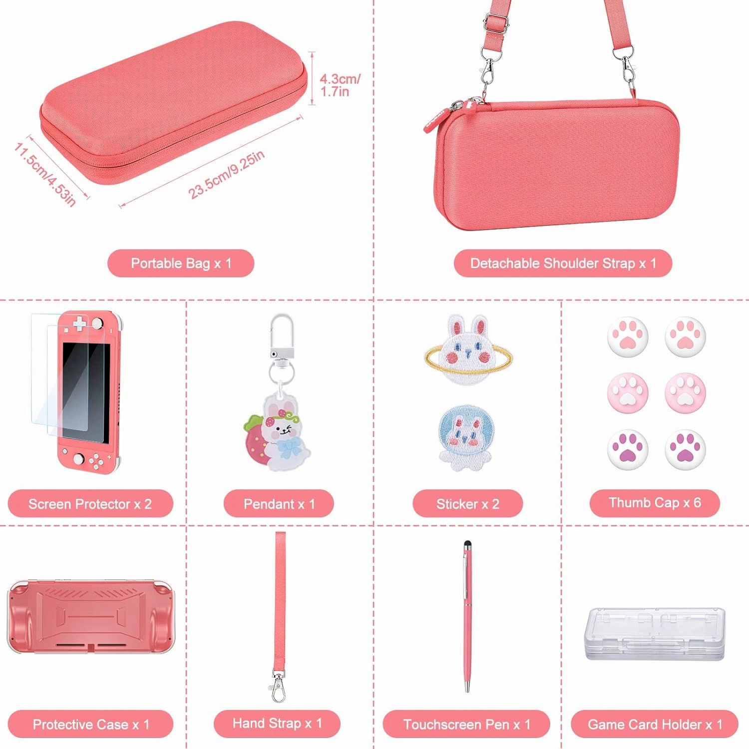 innoAura Switch Lite Case 18-in-1 Accessories Bundle with Protective Carrying Case, Game Holder, Screen Protector & Cute Thumb Grips (Coral)