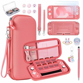 innoAura Switch Lite Case 18-in-1 Accessories Bundle with Protective Carrying Case, Game Holder, Screen Protector & Cute Thumb Grips (Coral)