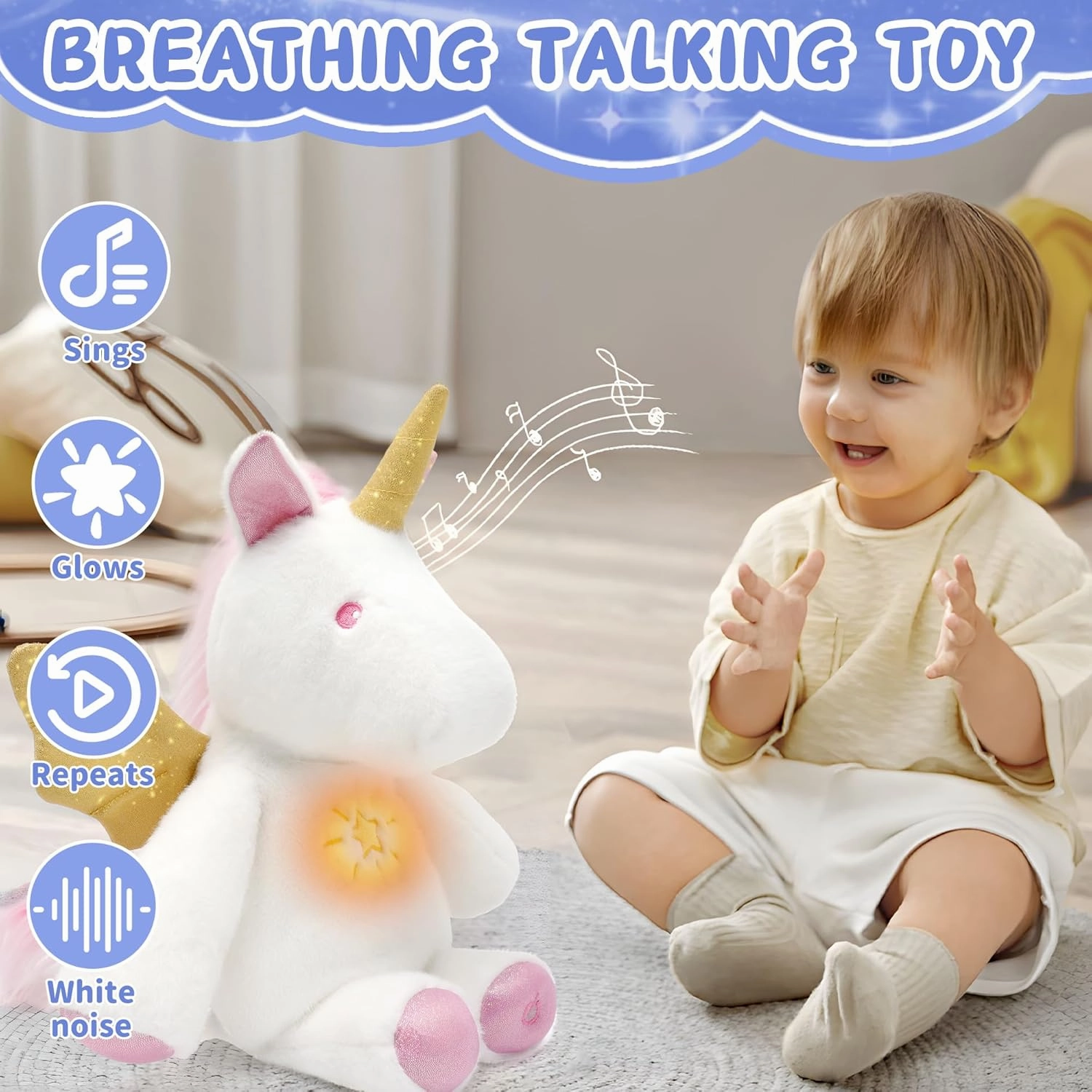 IUTOYYE Unicorn Breathing Stuffed Animal 17" Unicorn Plush Toy Soothing with Realistic Breathing Motion and Lights Music for Kids