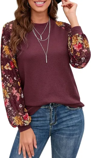 IWOLLENCE Women's Waffle Knit Blouse Puff Long/Short Sleeve Lace Tops Casual Loose T Shirts