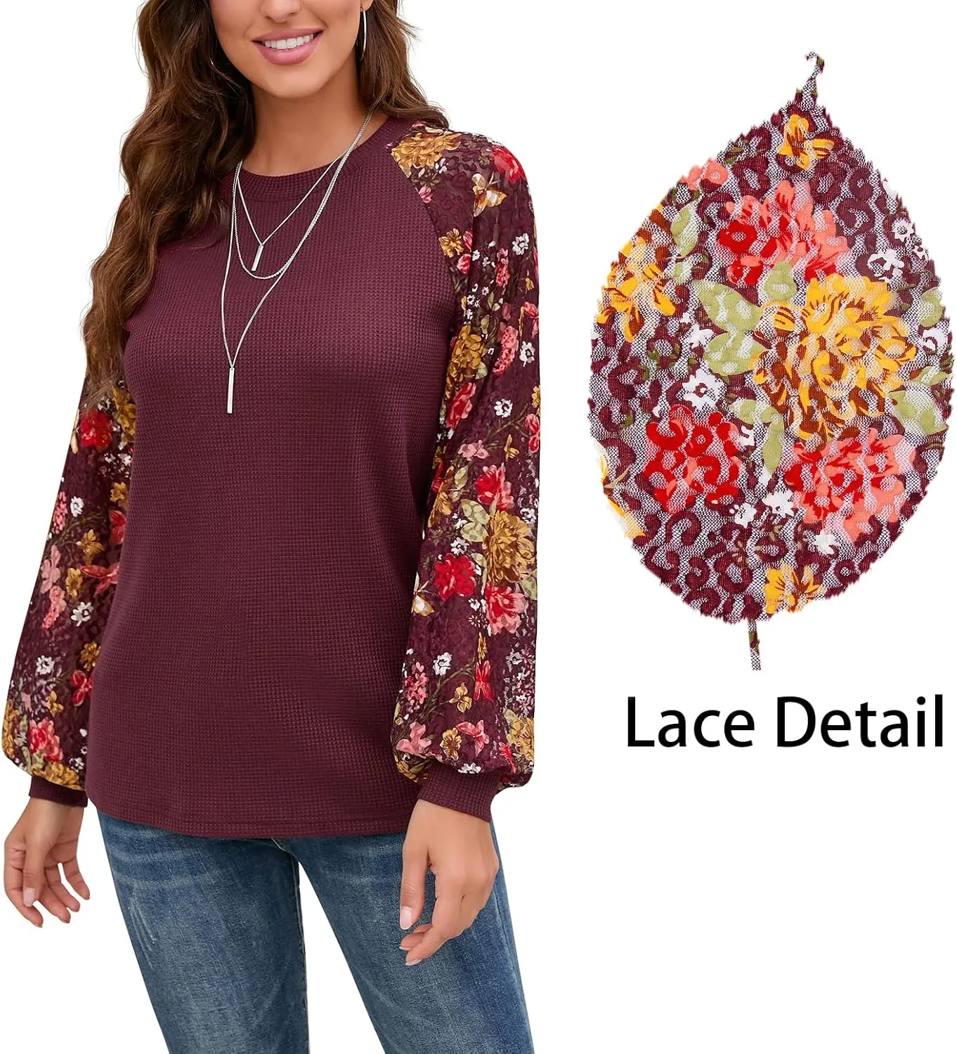 IWOLLENCE Women's Waffle Knit Blouse Puff Long/Short Sleeve Lace Tops Casual Loose T Shirts