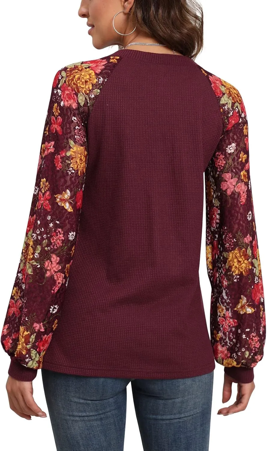 IWOLLENCE Women's Waffle Knit Blouse Puff Long/Short Sleeve Lace Tops Casual Loose T Shirts