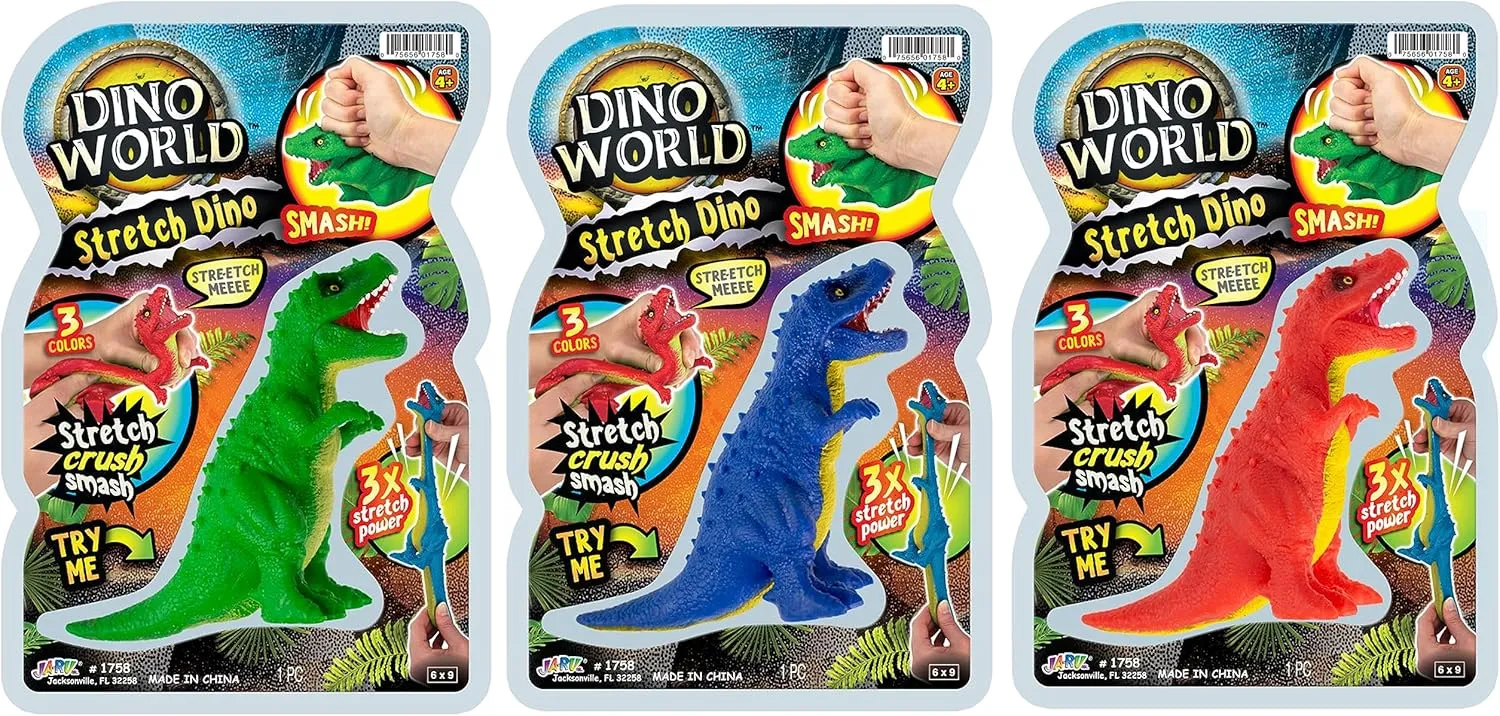 JA-RU Stretchy Dinosaur Toy (3 Units) T-Rex Rubber Dino, Super Squishy and Individually Packed Fidget Toys for Boys, Realistic Dinosaurs. Kid Party Favor 1758-3s