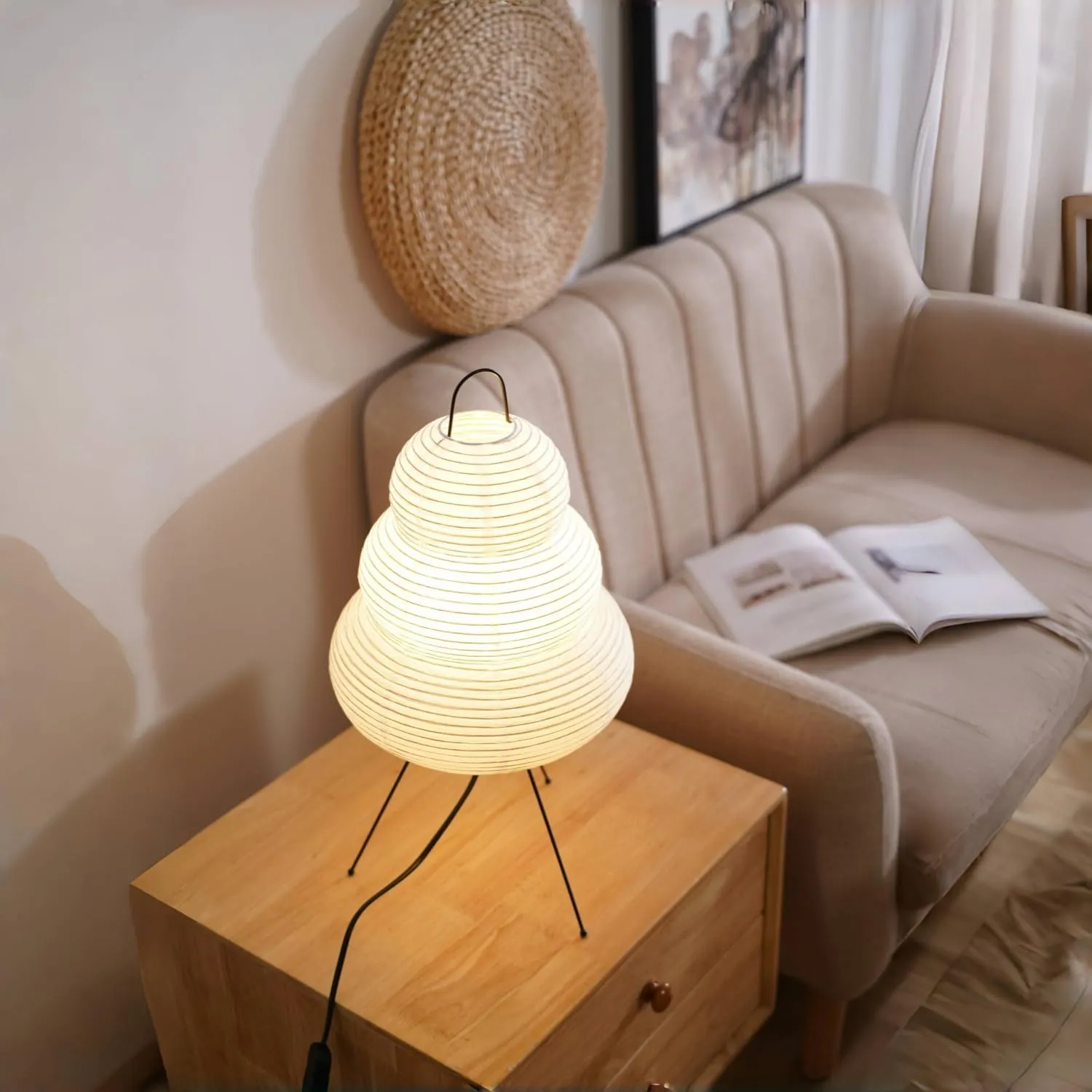 Japanese Noguchi Inspired Table Lamp Zen Rice Paper Lantern with Warm Light for Bedroom Living Room or Office Modern Japandi Decor(Segment)
