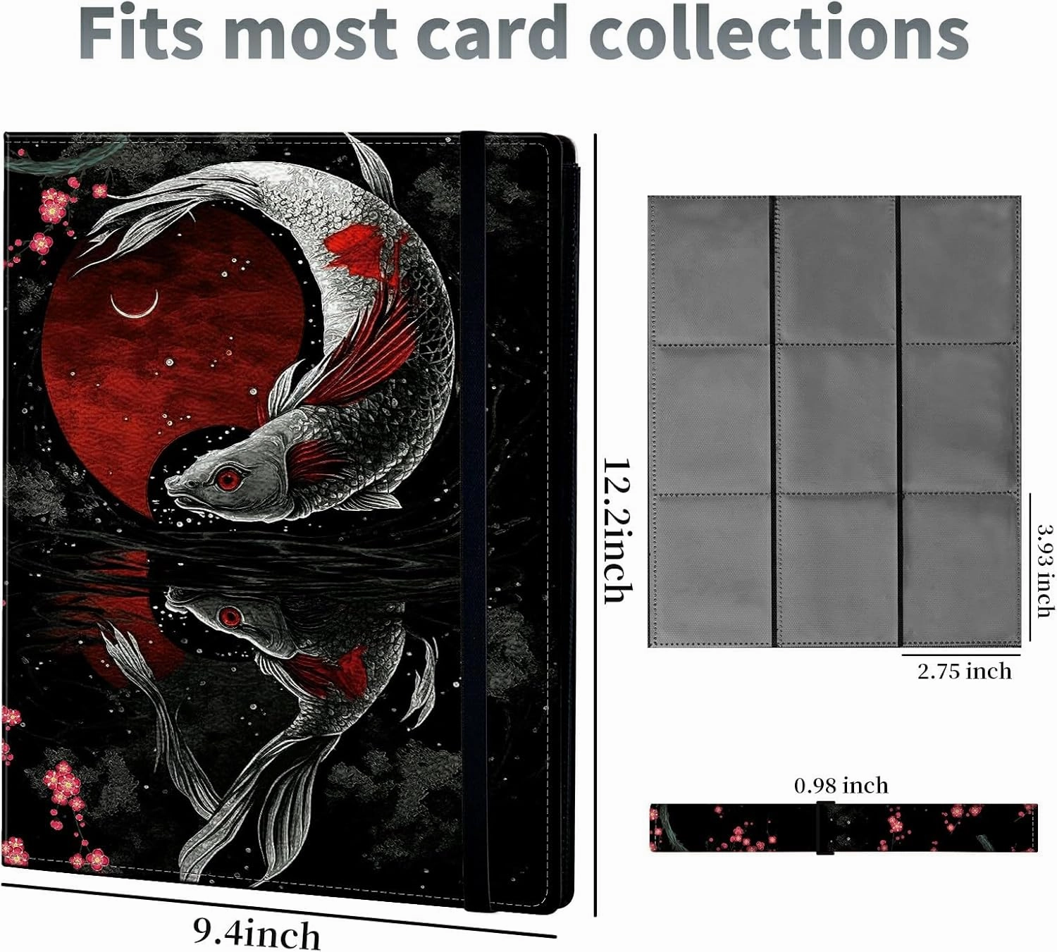 Japanese Koi Fish Card Binder, 9 Pocket Trading Card Album Folder Sleeves Side Loading 720 Pockets Premium PU Card Book Card Holder Binder Card Album for Game Cards/Sports Cards