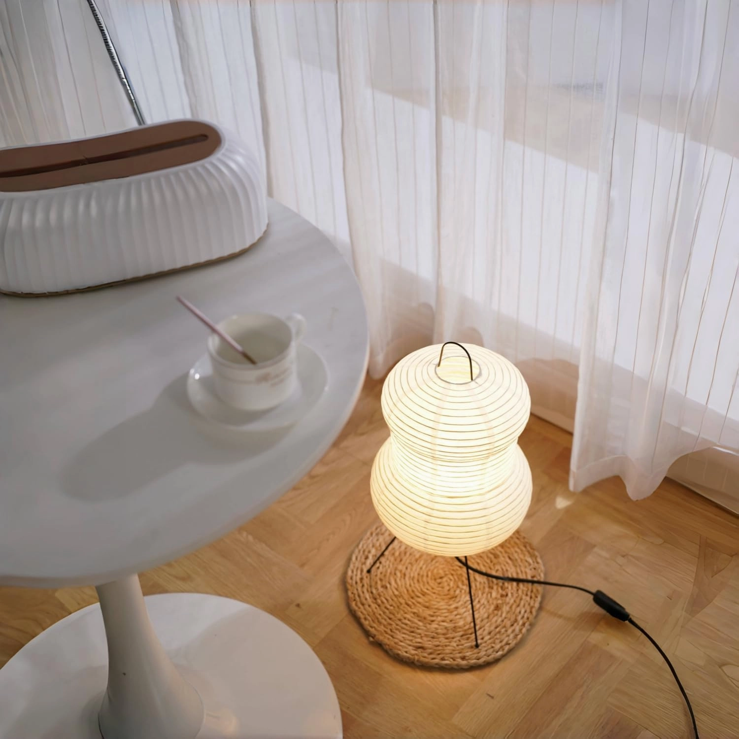 Japanese Noguchi-Inspired Table Lamp – Zen Rice Paper Lantern, Warm Light for Bedroom, Living Room, or Office, Modern Japandi Decor (Hourglass)