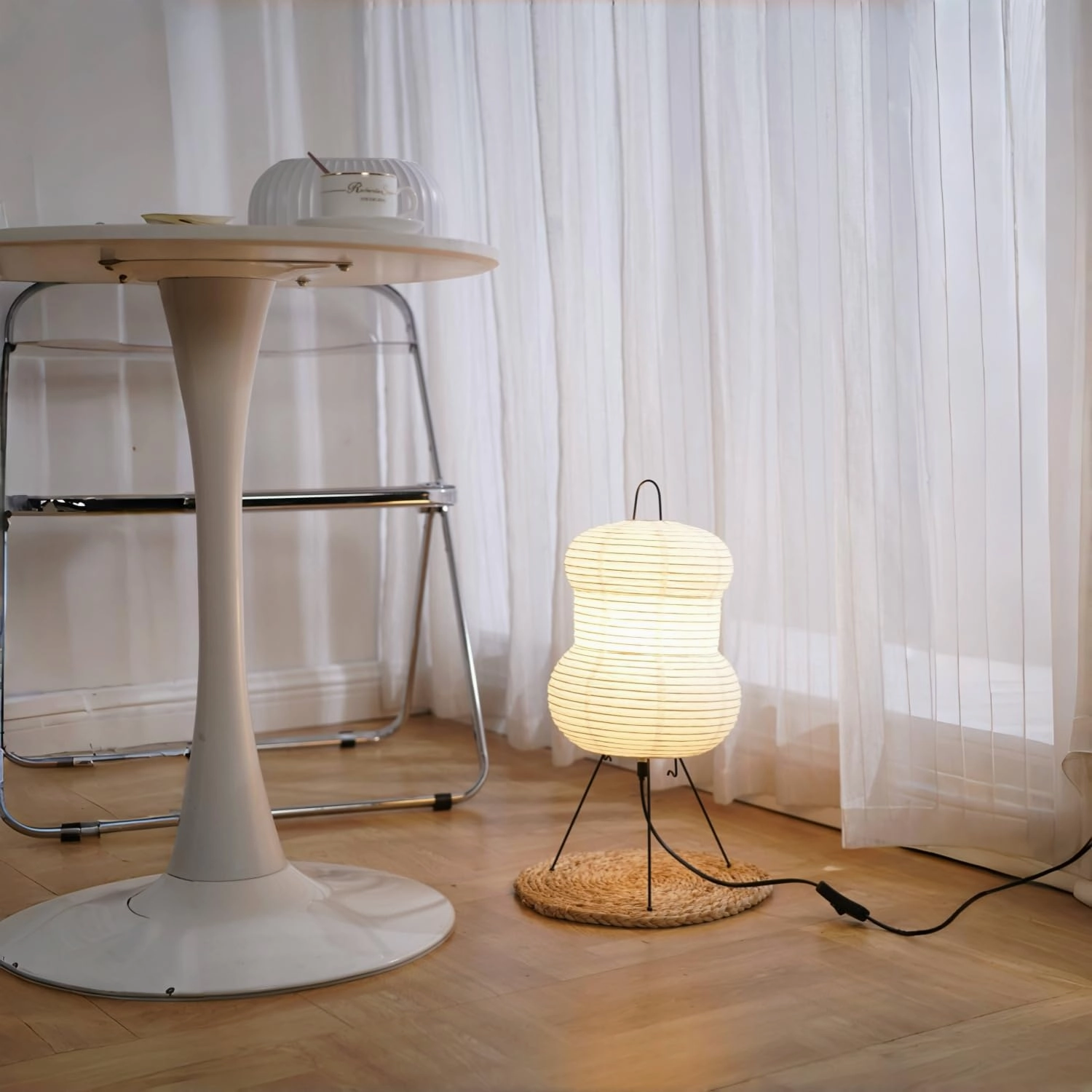 Japanese Noguchi-Inspired Table Lamp – Zen Rice Paper Lantern, Warm Light for Bedroom, Living Room, or Office, Modern Japandi Decor (Hourglass)