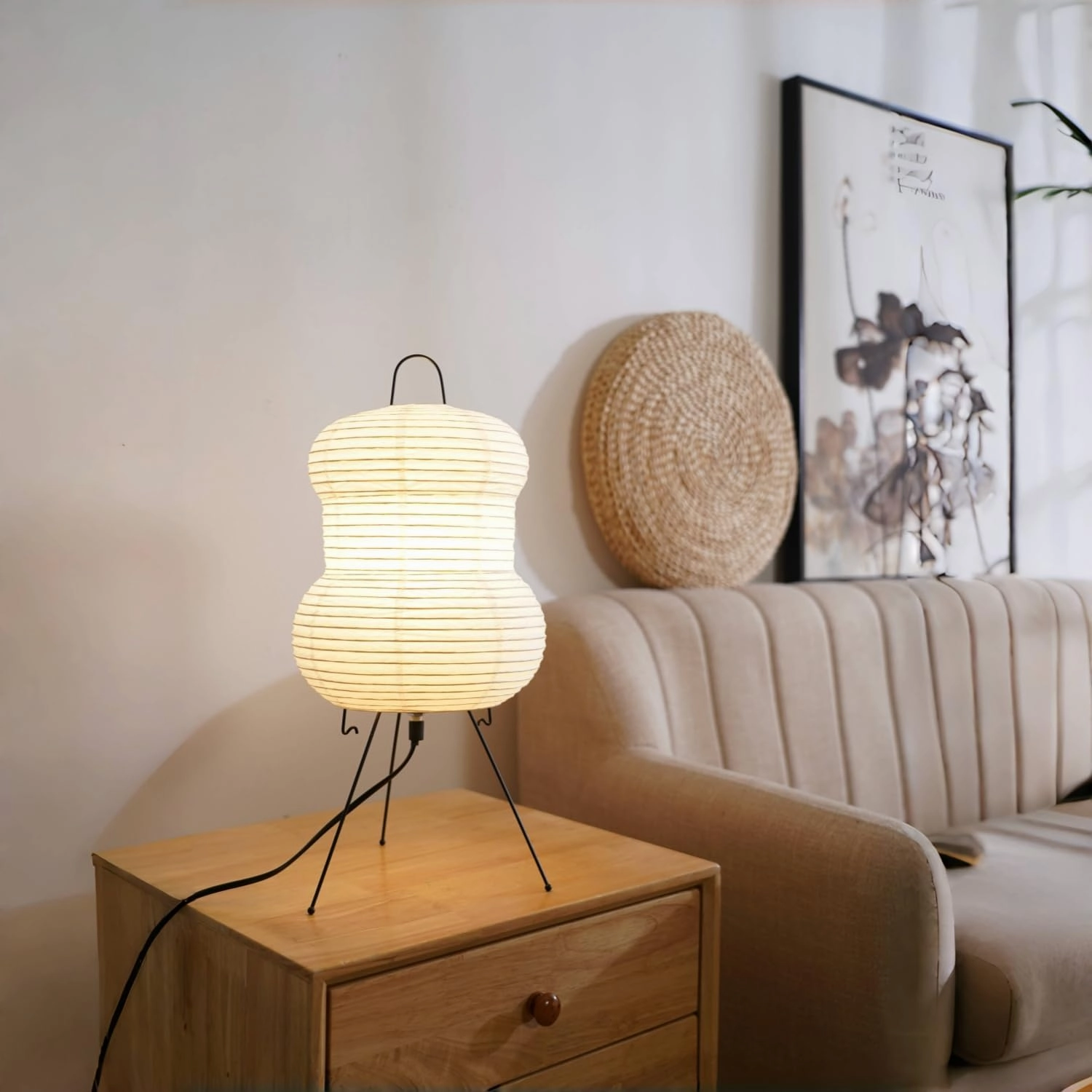 Japanese Noguchi-Inspired Table Lamp – Zen Rice Paper Lantern, Warm Light for Bedroom, Living Room, or Office, Modern Japandi Decor (Hourglass)