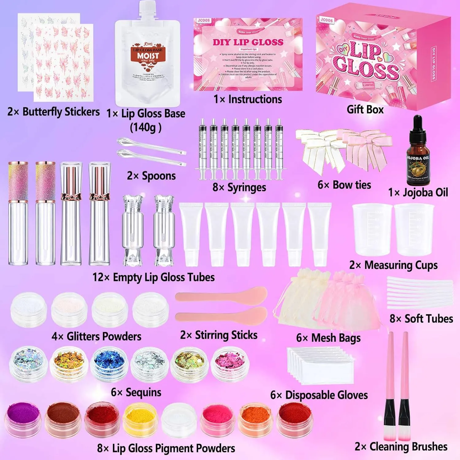 JCOOS Lip Gloss Making Kit, Lip Gloss Set for Teens Kids Tweens Girls Woman Lip Kit Fun DIY Lipgloss Making Kit, Make Your Own Lip Gloss Kit, Moisturizing Glitter Kids Gifts Stuff for Girls 10-12