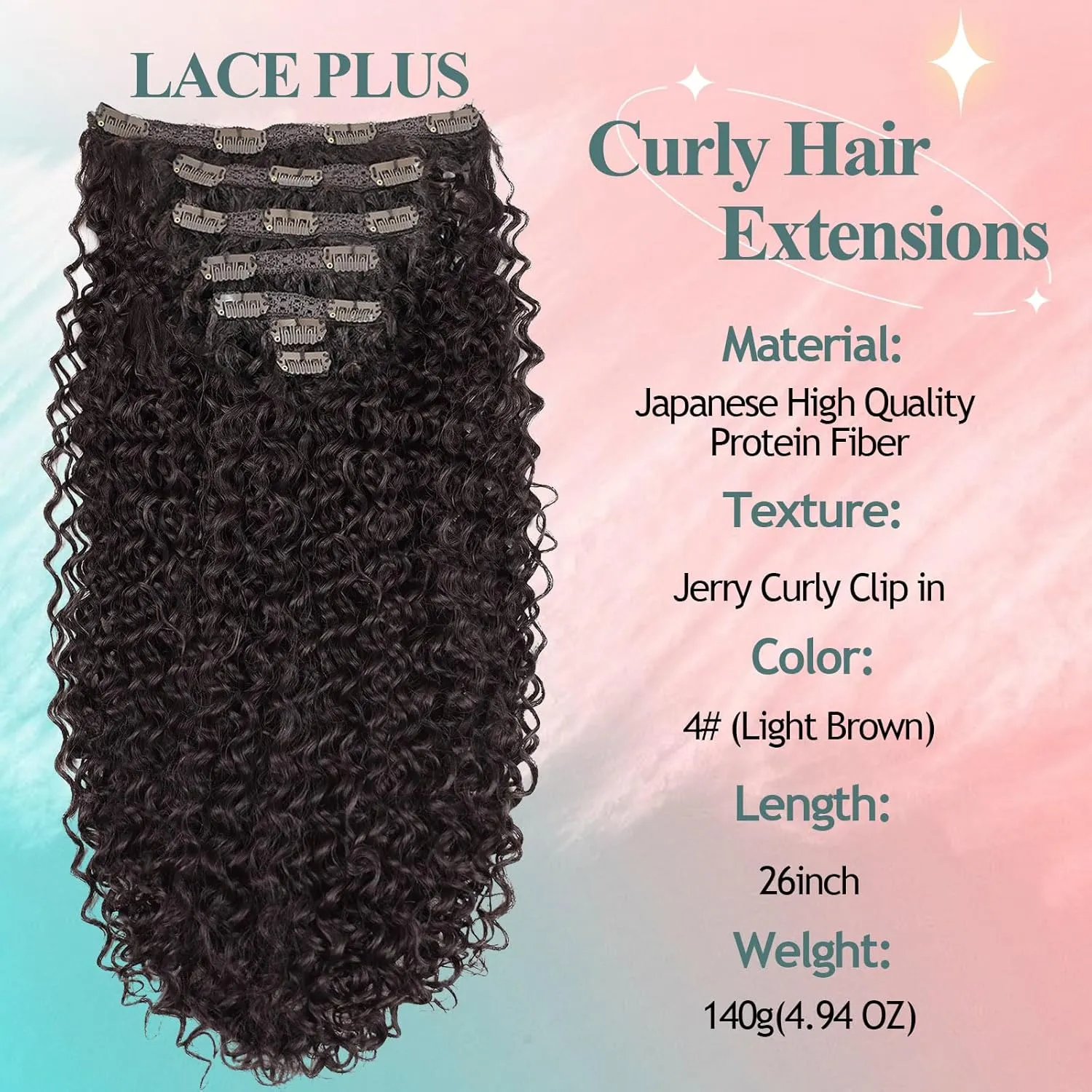 Jerry Curly Clip in Hair Extensions for Black Women - 24 Inch Medium Brown Synthetic Hair Extensions, 140g 7PCS Soft Clip in Curly Hair Pieces for Volume & Length (4#)