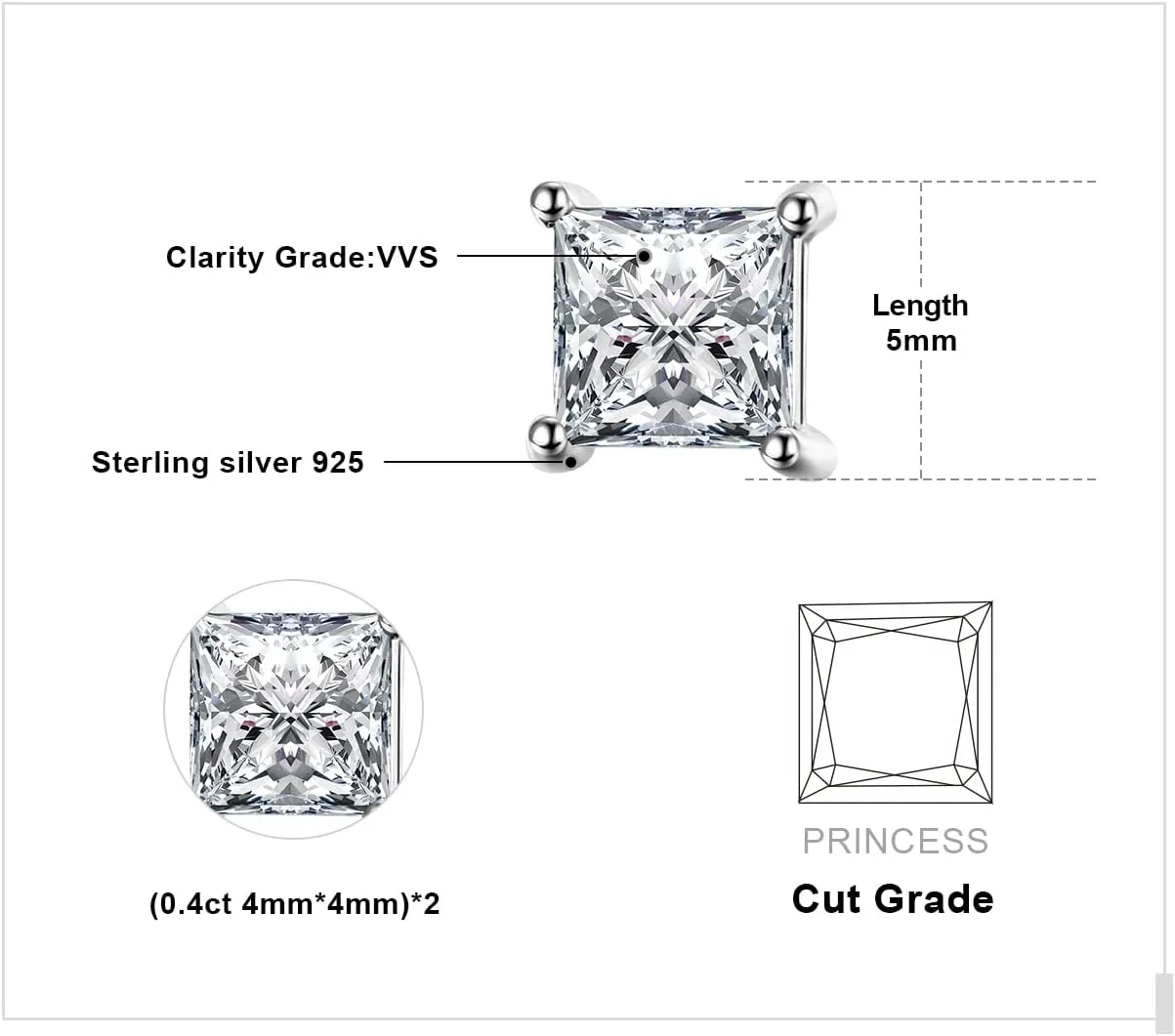 JewelryPalace Princess Cut 0.8ct Moissanite Solitaire Stud Earrings for Women, Square Shape 925 Sterling Silver 14k Gold Plated Earrings for Her, Simulated Diamond Earrings VVS D-F