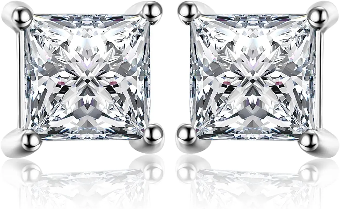 JewelryPalace Princess Cut 0.8ct Moissanite Solitaire Stud Earrings for Women, Square Shape 925 Sterling Silver 14k Gold Plated Earrings for Her, Simulated Diamond Earrings VVS D-F