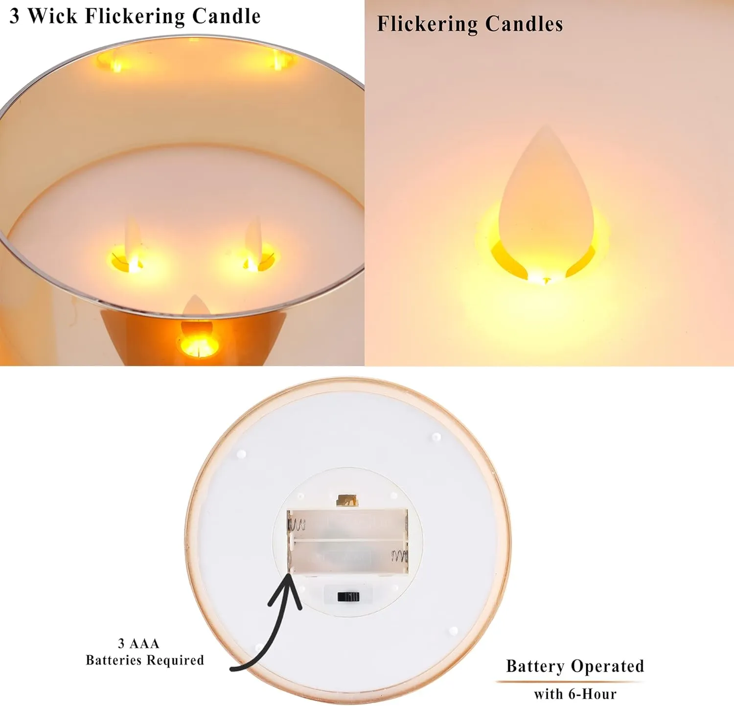JHY DESIGN Large Moving 3 Wicks Battery Candle with 6-Hour Timer Function 6“ Dia Flameless Candle Battery Powered, Simulation 3D Glass LED Candle for Party Home Xmas Festivel Table Bar(Gold)