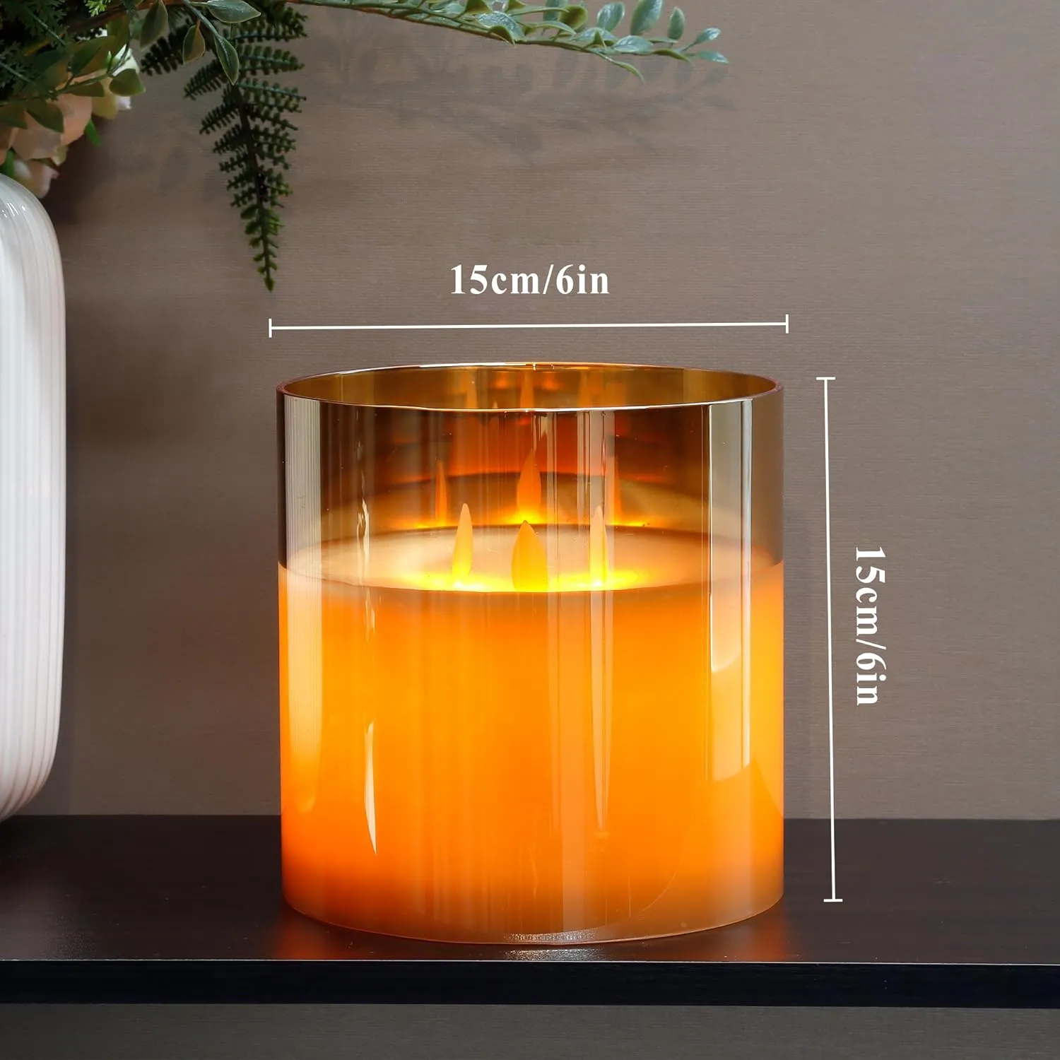 JHY DESIGN Large Moving 3 Wicks Battery Candle with 6-Hour Timer Function 6“ Dia Flameless Candle Battery Powered, Simulation 3D Glass LED Candle for Party Home Xmas Festivel Table Bar(Gold)