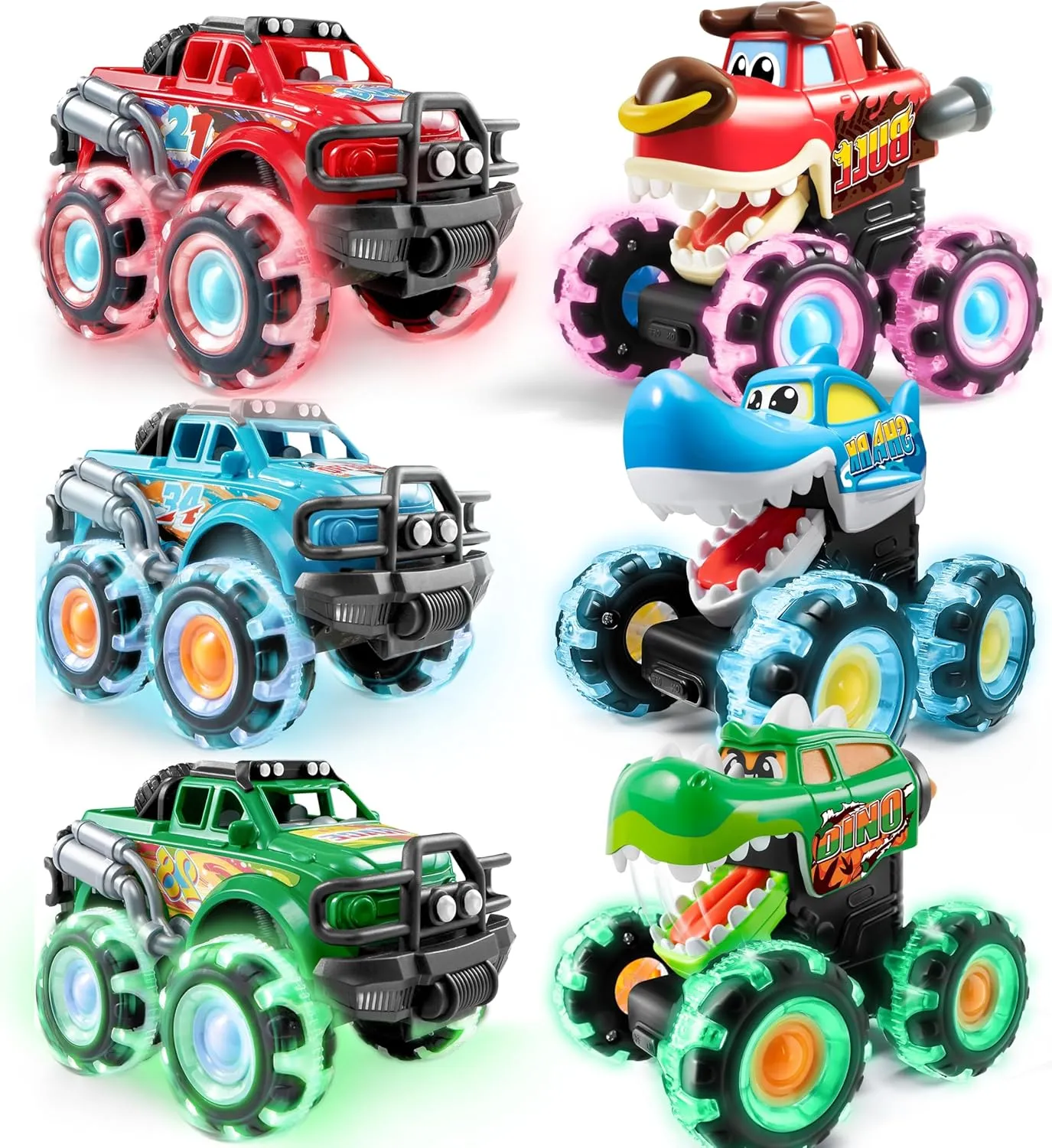 JOYIN 6 Pack Monster Truck Toy, Motion Activated Light-Up Cars for Toddlers, Monster Treads Lightning Wheels, Birthday Gift for Boys Girls