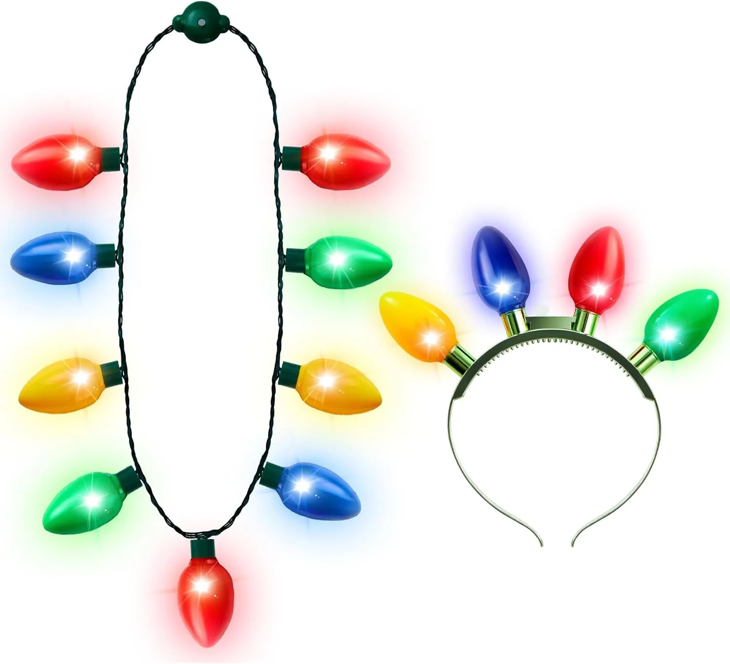 JOYIN 6 Pcs Christmas Light Up Headband and Necklace with 6 Flashing Modes, LED Christmas Bulb Lights Necklace Headband for Kids Women Men Xmas Party Supplies Accessories