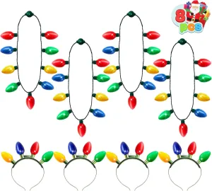 JOYIN 6 Pcs Christmas Light Up Headband and Necklace with 6 Flashing Modes, LED Christmas Bulb Lights Necklace Headband for Kids Women Men Xmas Party Supplies Accessories