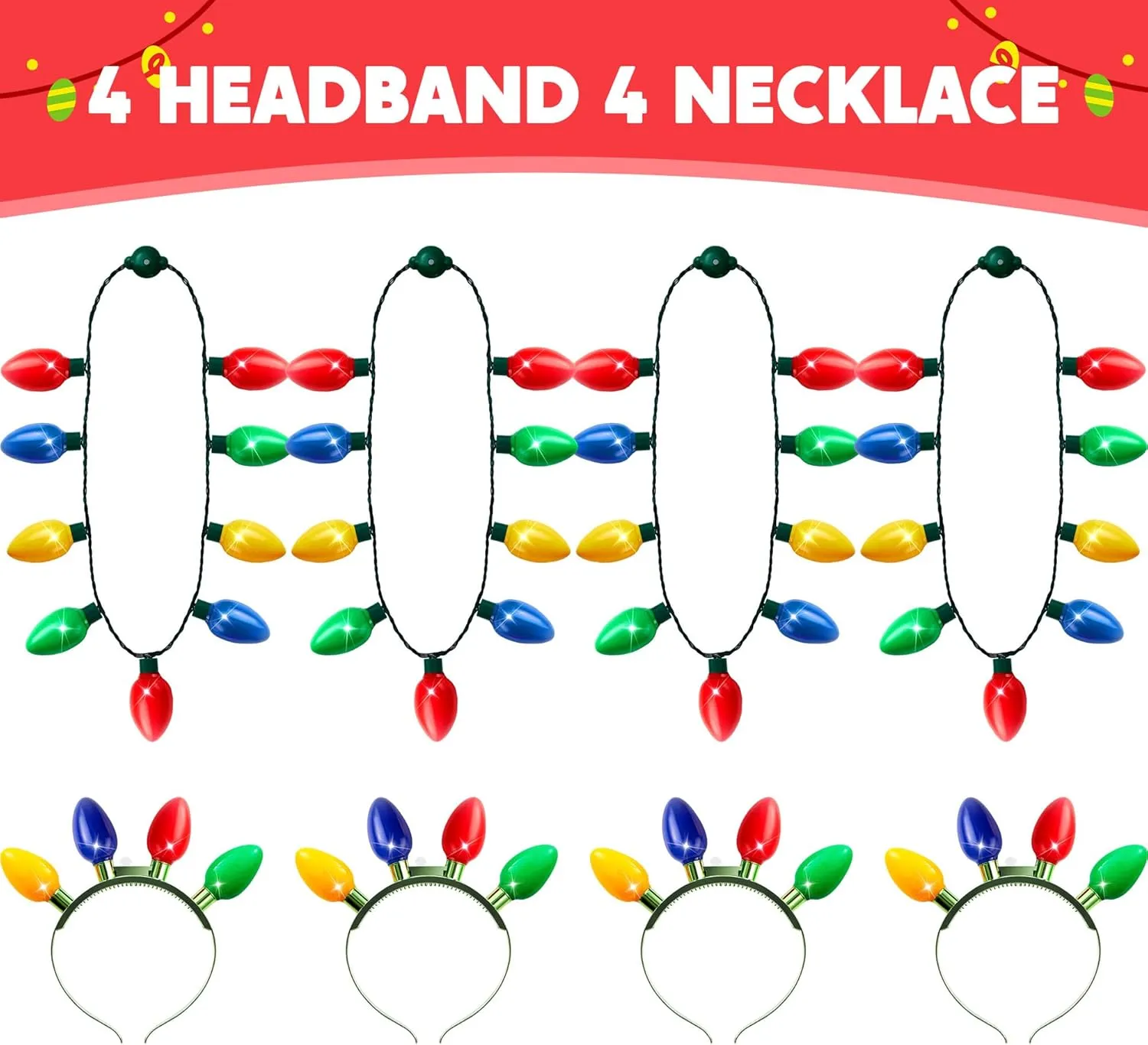 JOYIN 6 Pcs Christmas Light Up Headband and Necklace with 6 Flashing Modes, LED Christmas Bulb Lights Necklace Headband for Kids Women Men Xmas Party Supplies Accessories