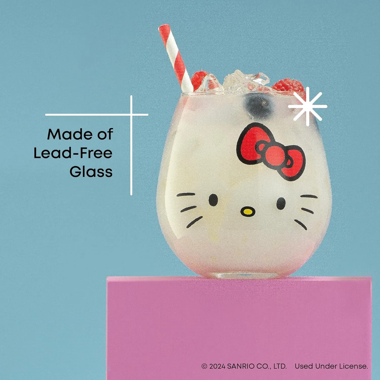 JoyJolt Sanrio Hello Kitty & Friends Hello Sippy Drinking Glasses, 15 oz Stemless Glass Cups Set of 4 ft Hello Kitty Keroppi My Melody Pompompurin, Cute Glasses for Water, Juice, Kawaii Tumbler