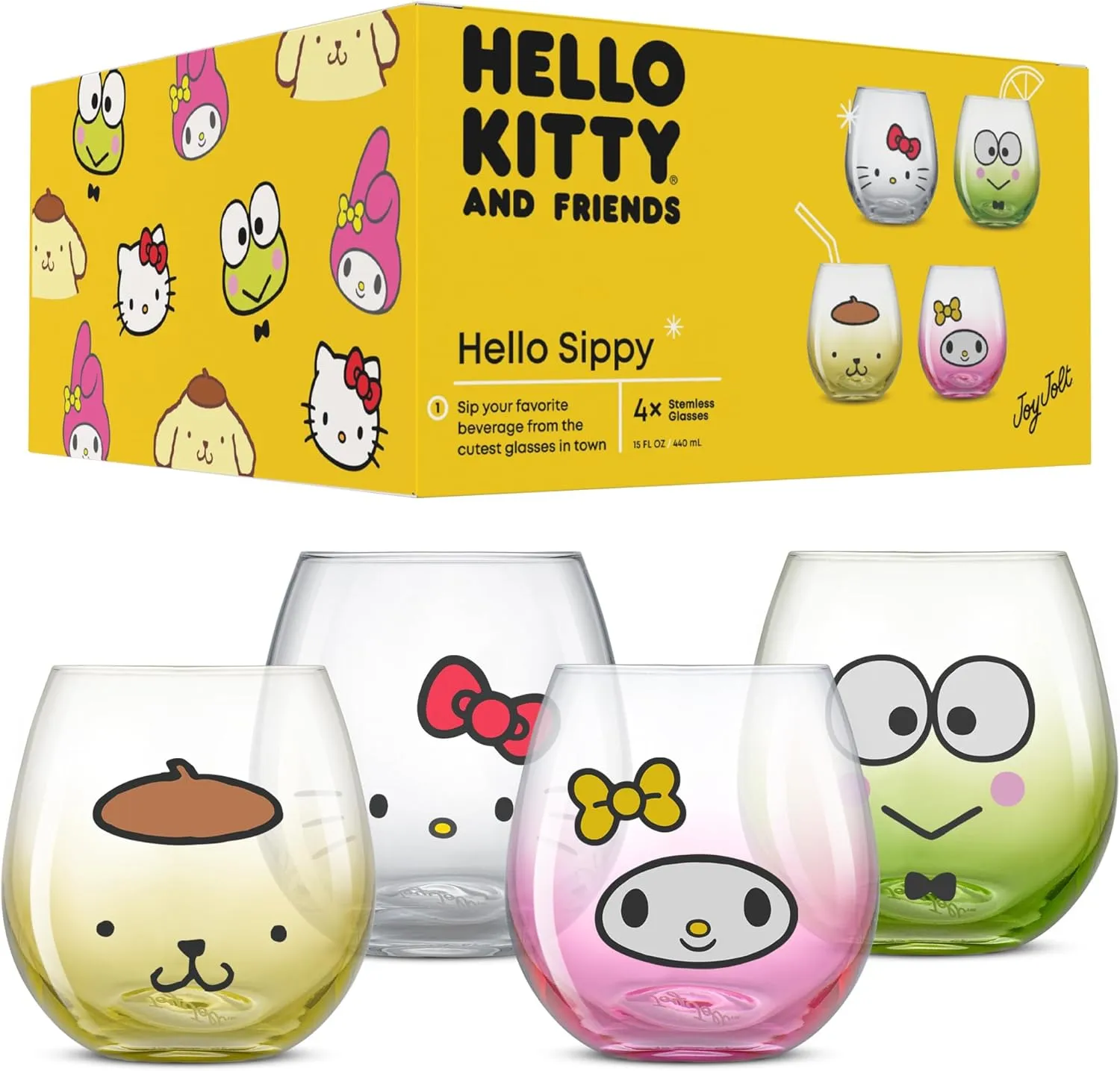 JoyJolt Sanrio Hello Kitty & Friends Hello Sippy Drinking Glasses, 15 oz Stemless Glass Cups Set of 4 ft Hello Kitty Keroppi My Melody Pompompurin, Cute Glasses for Water, Juice, Kawaii Tumbler