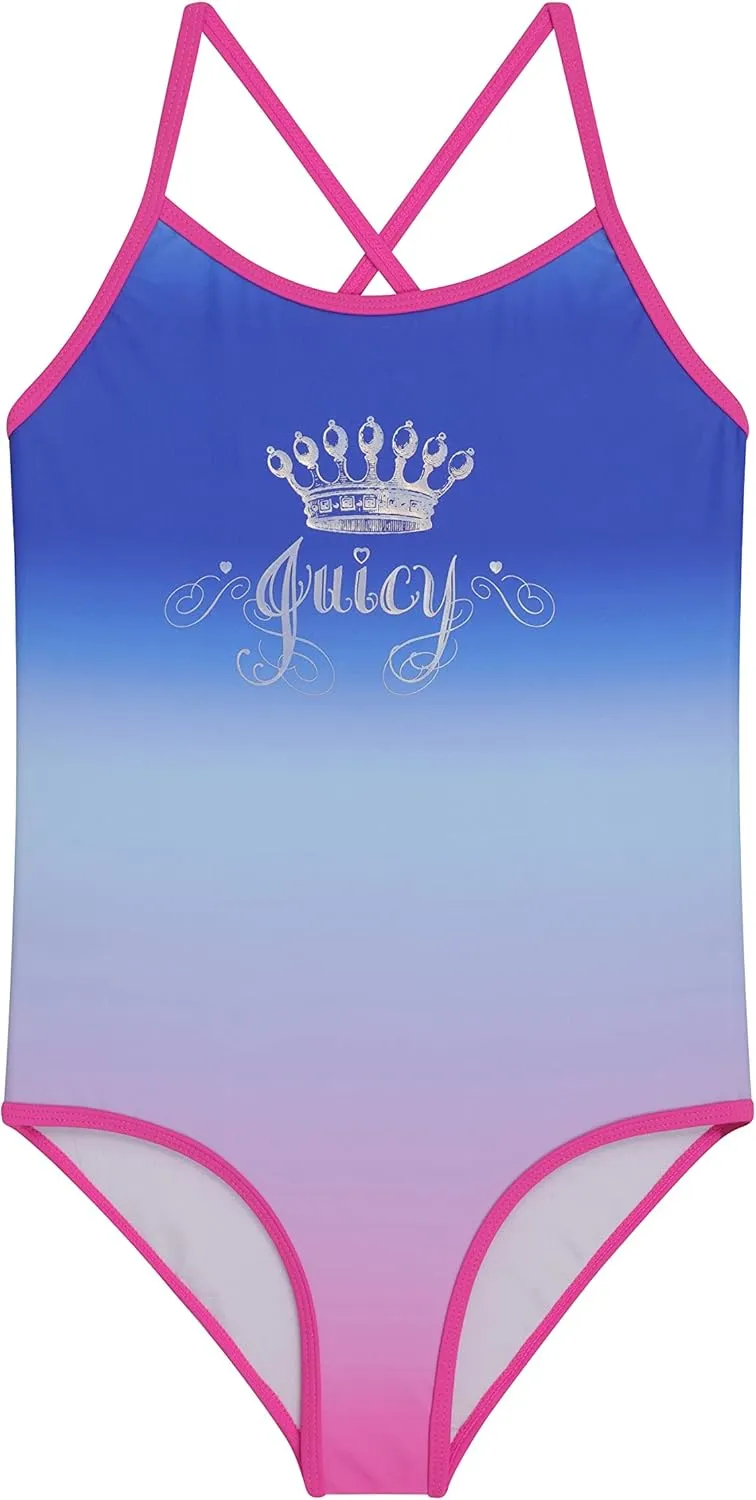 Juicy Couture Girls 2 Pack One Piece Swimsuit Set, Kids Bathing Suit Swimwear, Cute Ombre/Tie Dye/Tropical Print Beach Wear
