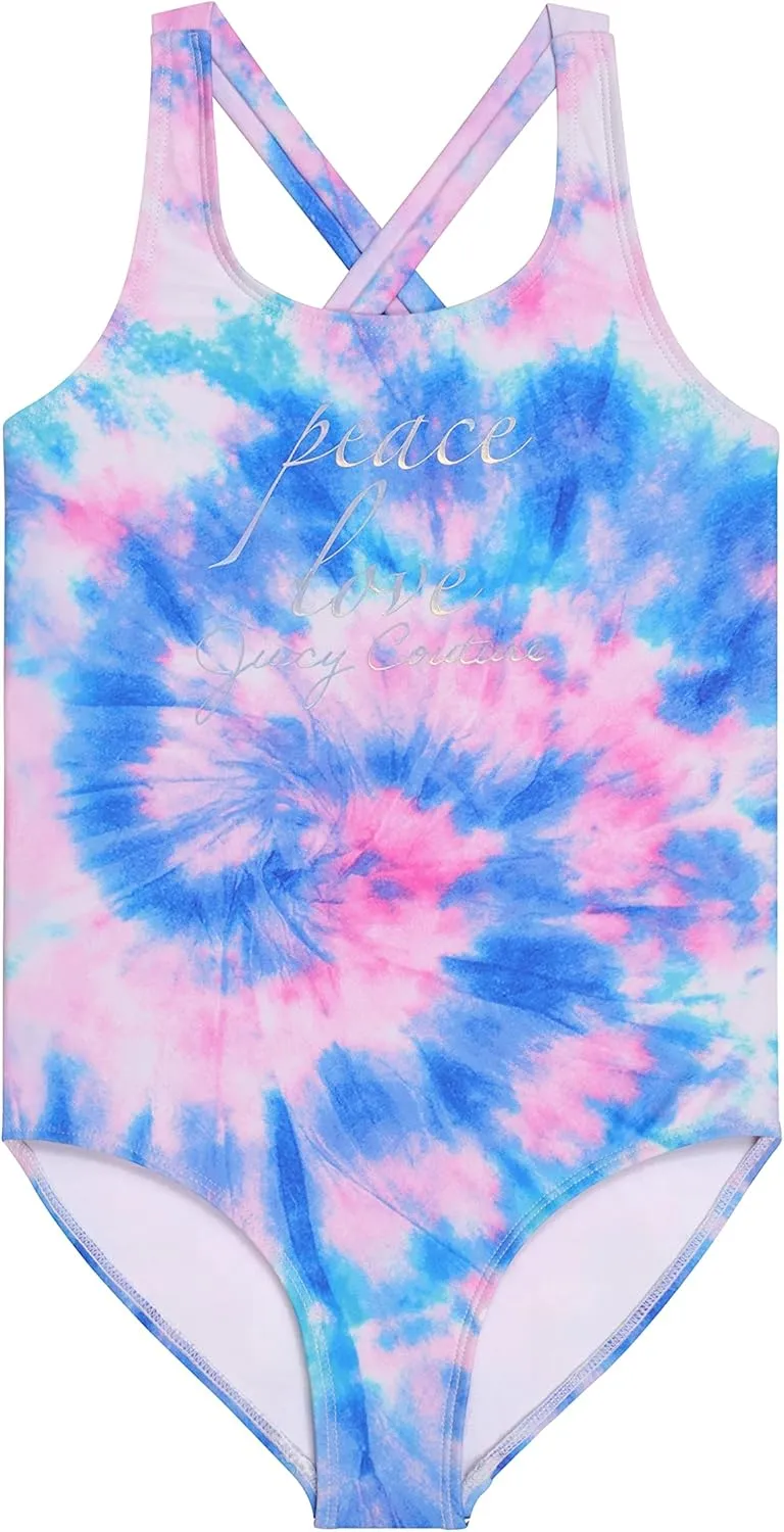 Juicy Couture Girls 2 Pack One Piece Swimsuit Set, Kids Bathing Suit Swimwear, Cute Ombre/Tie Dye/Tropical Print Beach Wear