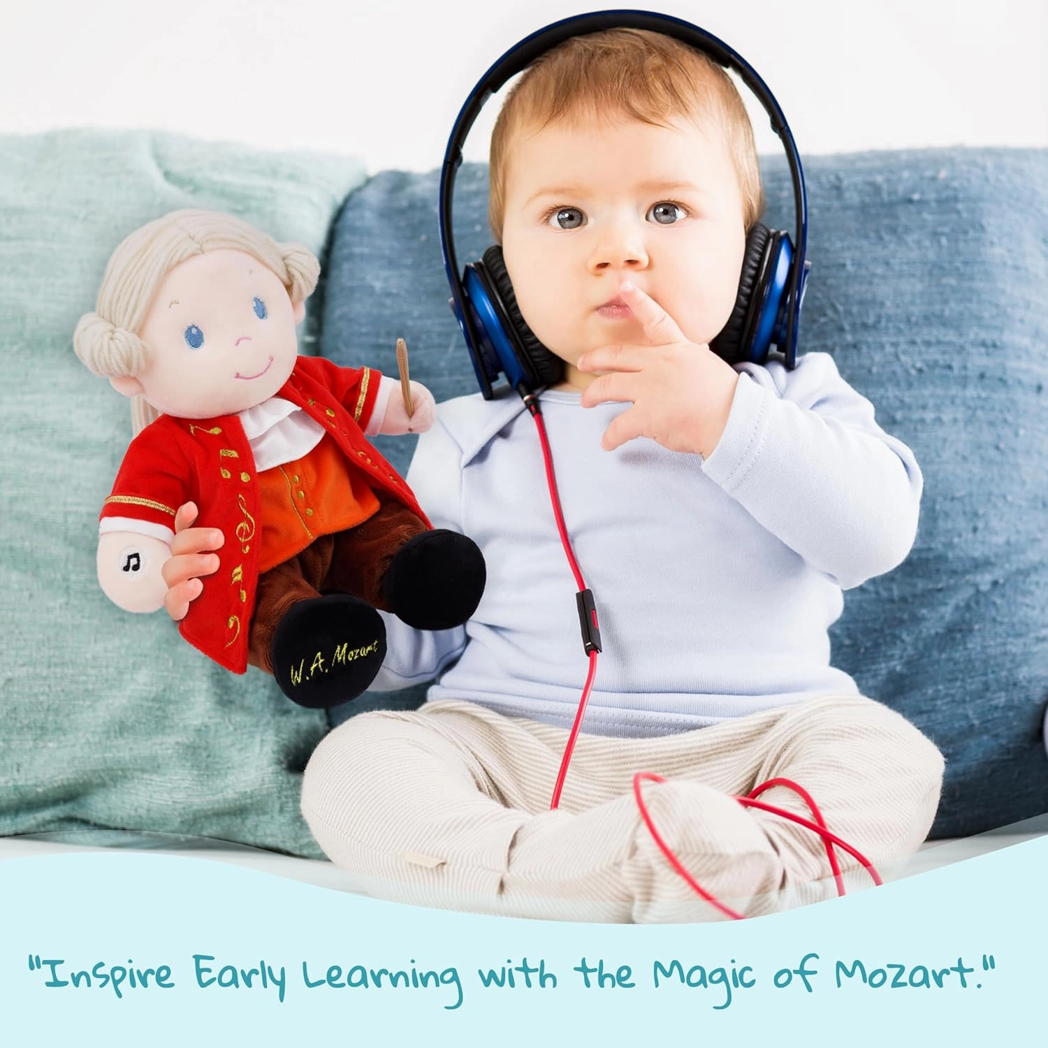 June Garden Sweet Dolly Amadeus Mozart - Master of Classical Music - Interactive Music Playing Stuffed Ultra Soft Baby Doll for Birth and Up