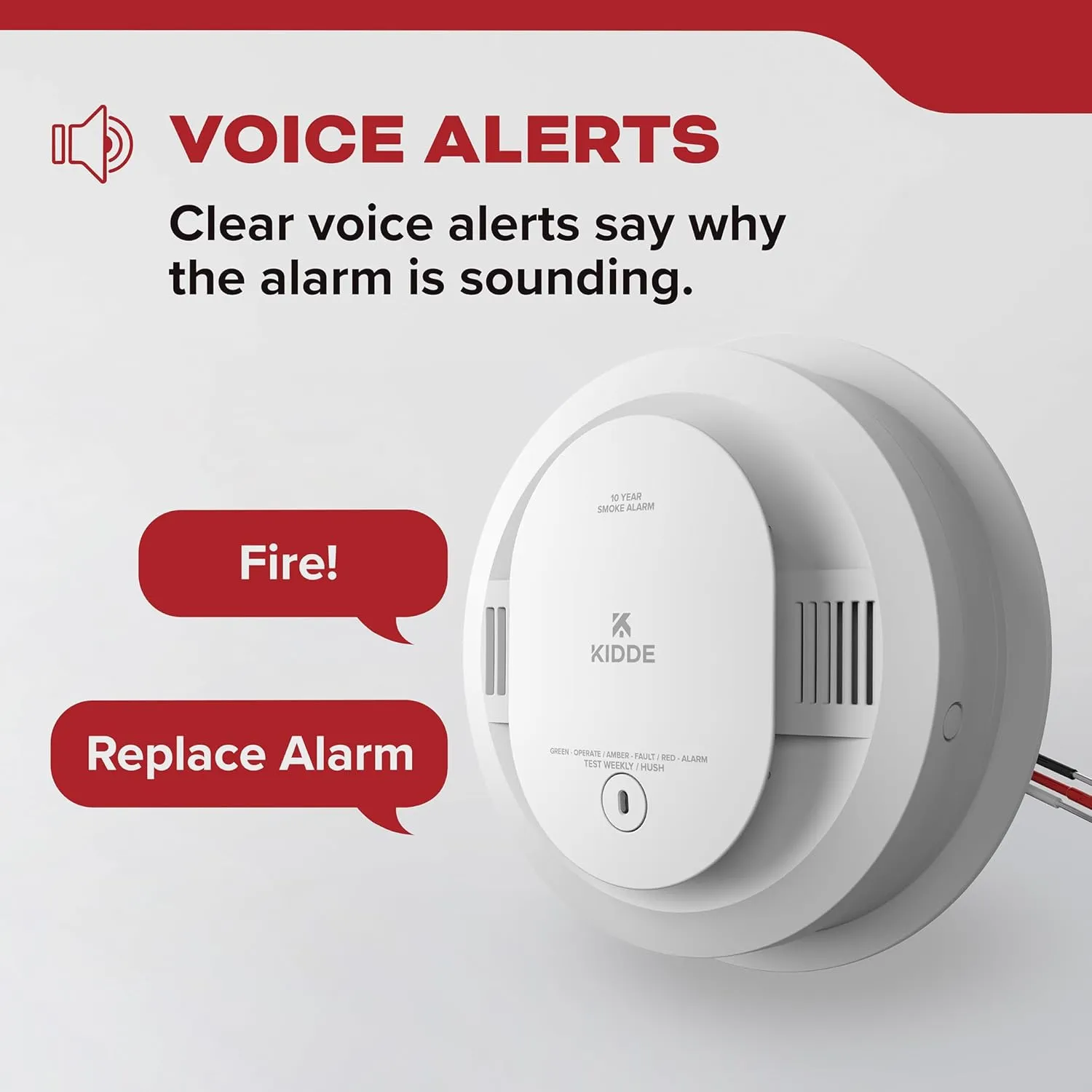 Kidde Hardwired Smoke Detector, 10-Year Battery Backup, Voice Alerts, Interconnectable, LED Warning Light Indicators