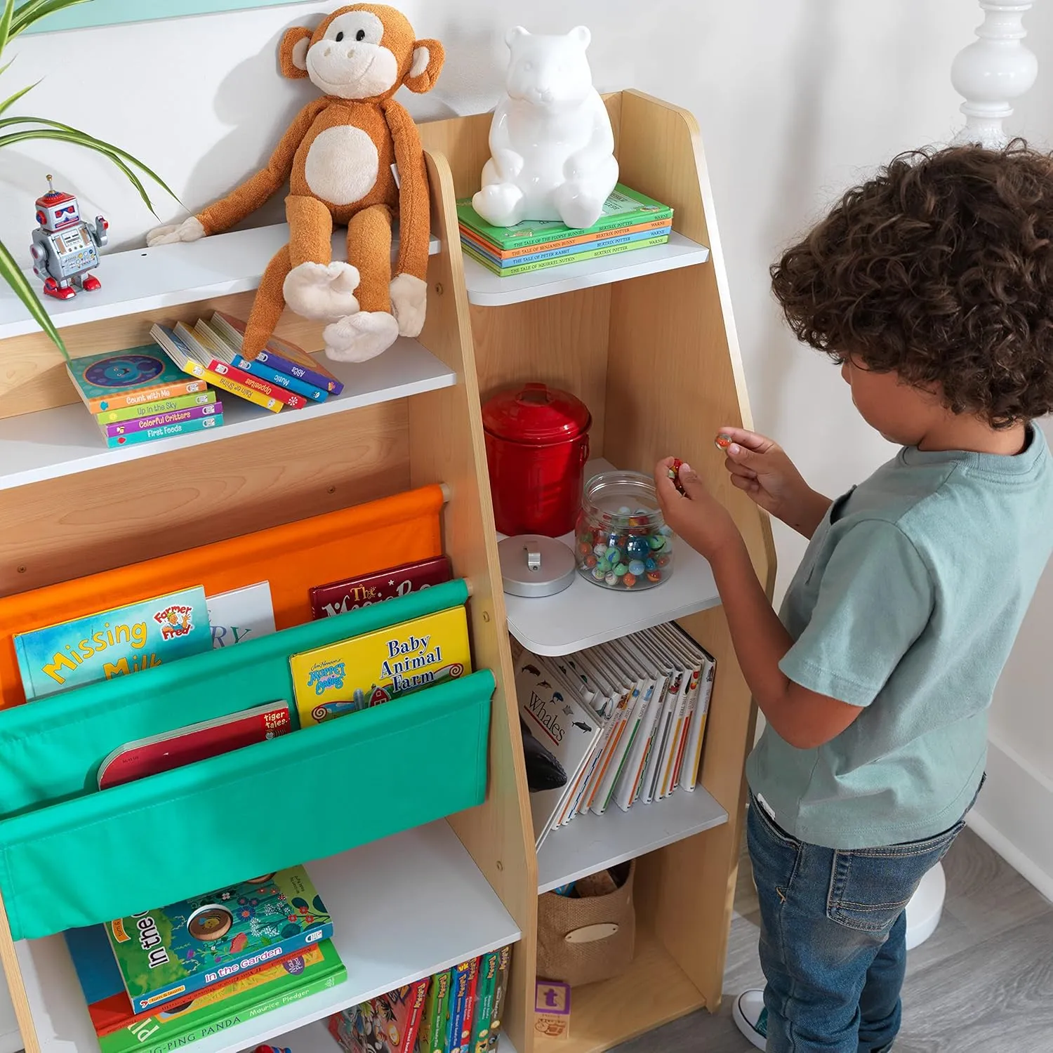 KidKraft Pocket Storage Wood Bookshelf with Slings and Shelves, Children's Furniture, Natural