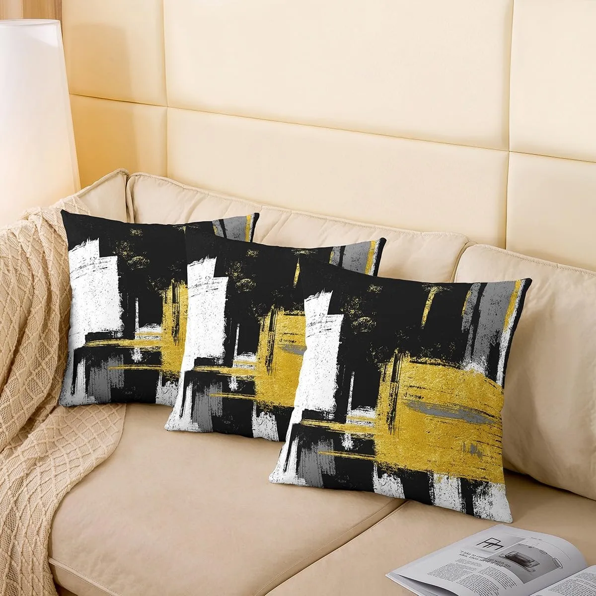 Kids Black and Gold Throw Pillow Covers 18 x 18-Inch Abstract Cushion Case Set of 2 For Boys Girls Teens Bedroom Decor Modern Striped Art Decor Pillowcase Geometric Plaid Soft Lightweight Microfiber