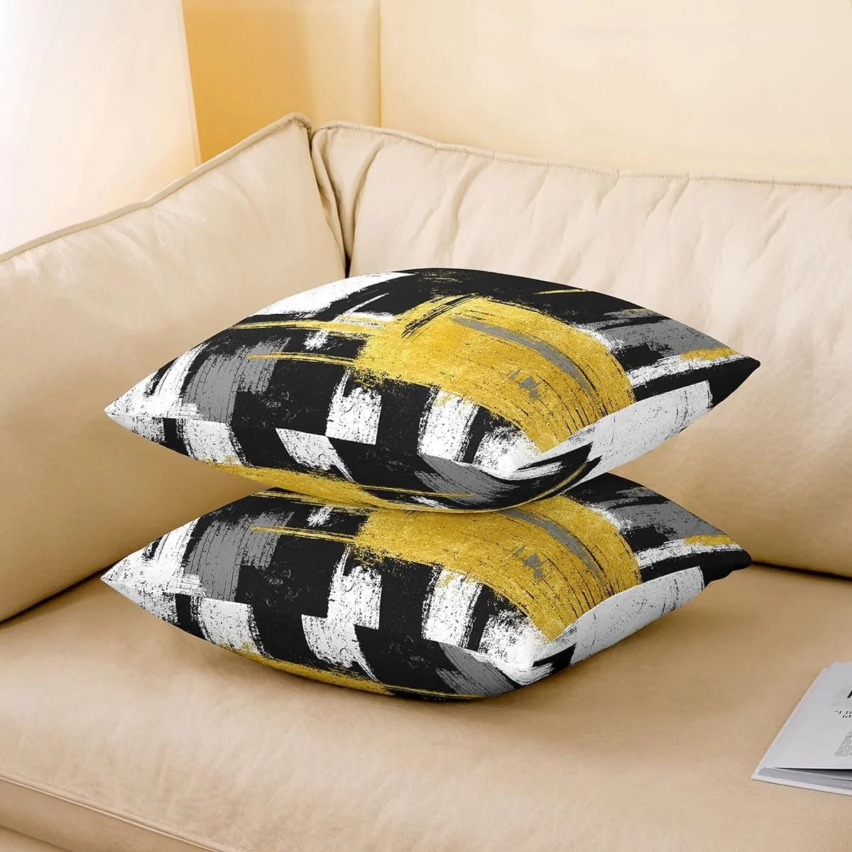 Kids Black and Gold Throw Pillow Covers 18 x 18-Inch Abstract Cushion Case Set of 2 For Boys Girls Teens Bedroom Decor Modern Striped Art Decor Pillowcase Geometric Plaid Soft Lightweight Microfiber