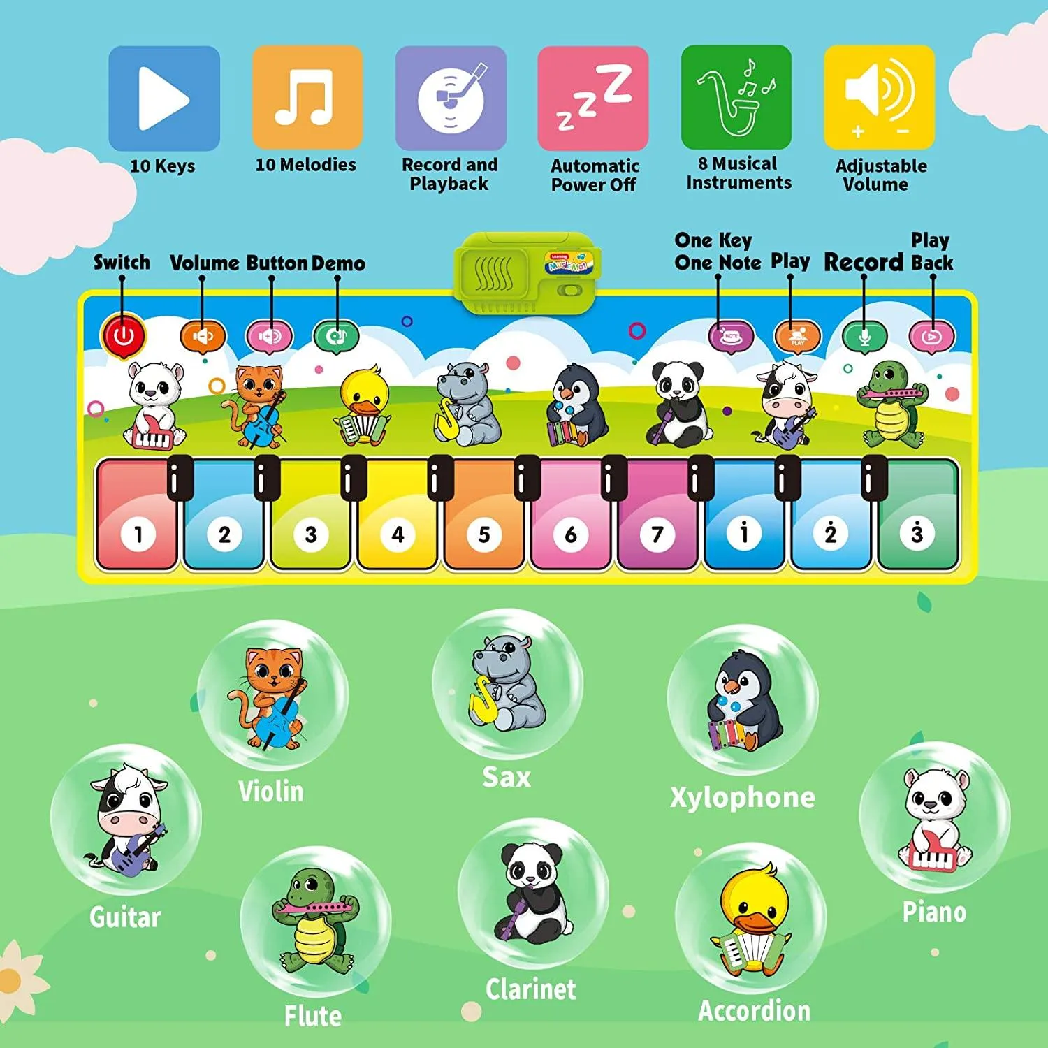 Kids Piano Mat – Musical Keyboard Dance Mat with Animal Sounds & Touch Play Features Electronic Music Blanket Toy (110cm x 36cm) – Fun, Educational & Portable Gift for Kids