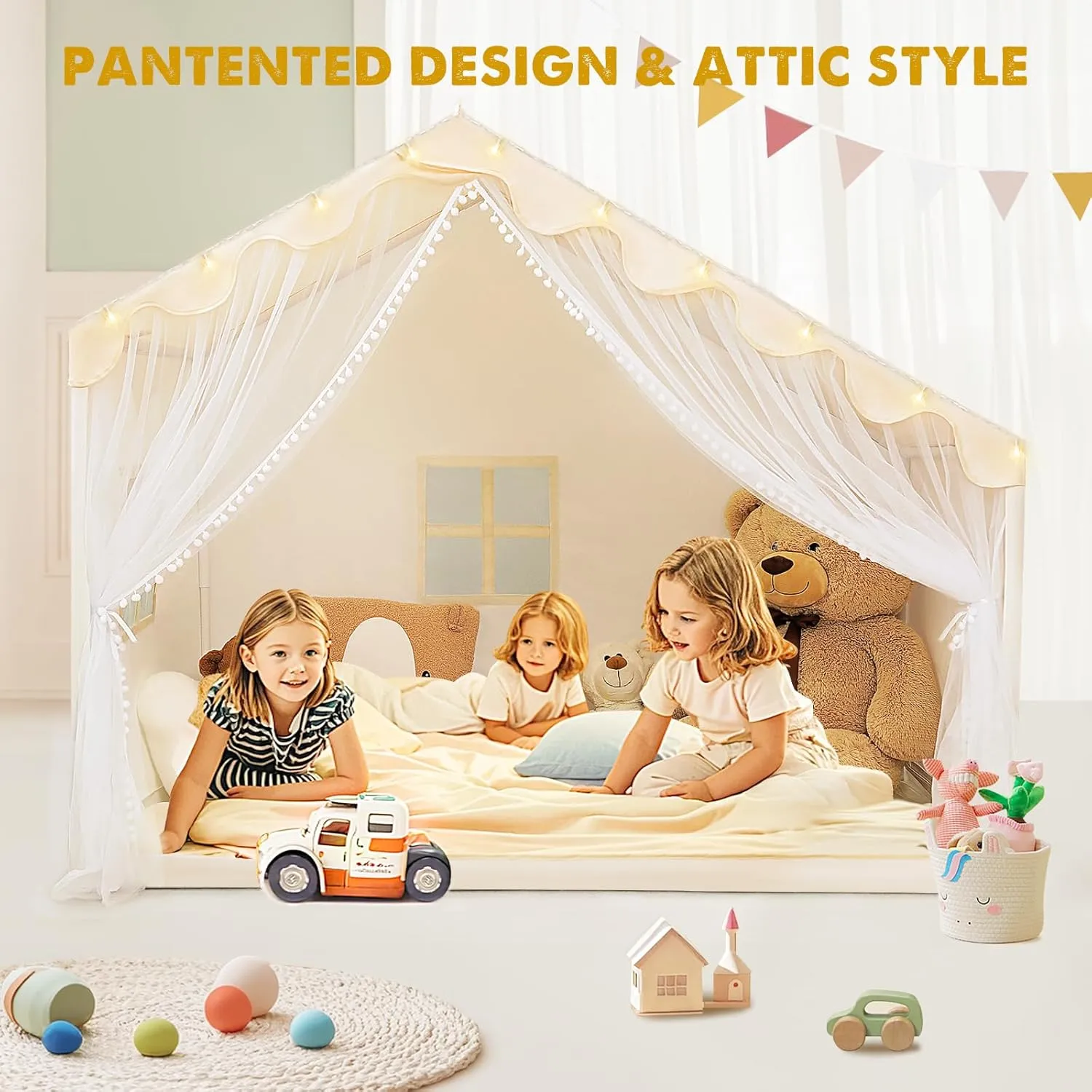 Kids Play Tent - Kids Tent Indoor with Star Lights and Flags, Toddler Tent for Ages 3-8, Playhouse for Girls Boys, 57" x 35" x 47" (Beige)