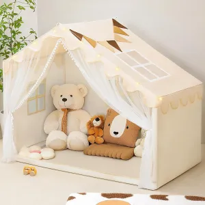 Kids Play Tent - Kids Tent Indoor with Star Lights and Flags, Toddler Tent for Ages 3-8, Playhouse for Girls Boys, 57" x 35" x 47" (Beige)