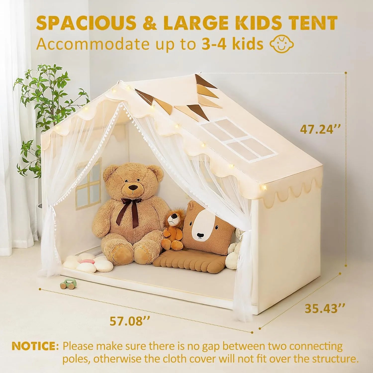 Kids Play Tent - Kids Tent Indoor with Star Lights and Flags, Toddler Tent for Ages 3-8, Playhouse for Girls Boys, 57" x 35" x 47" (Beige)